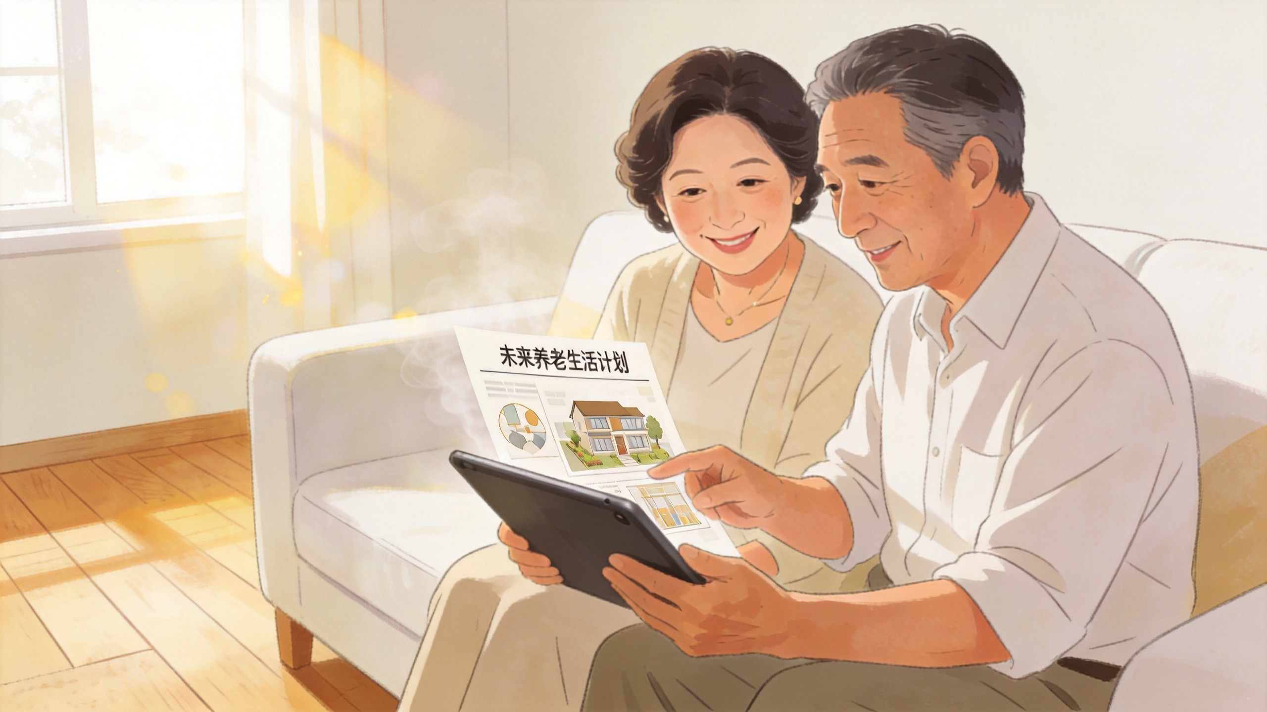 夫妻在温馨客厅中讨论家庭理财与养老规划