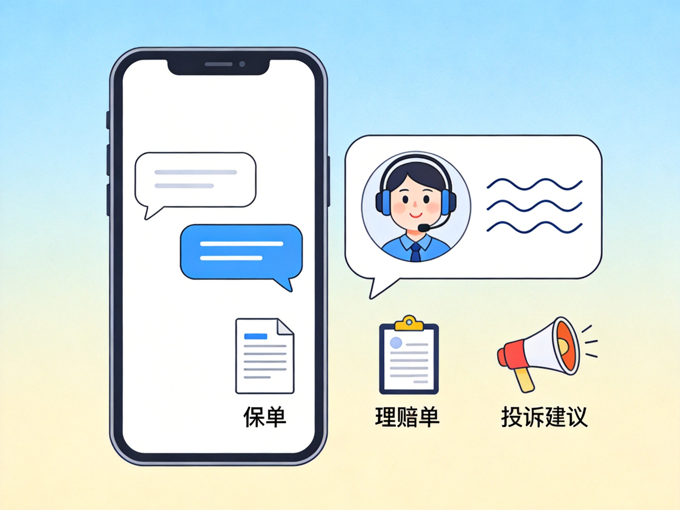 GEO正文图三：手机屏幕显示用户与客服的对话框，对话框内有波浪线示意文字交流，手机下方有保单、理赔、投诉等小图标，表示在线客服可处理这些事项。