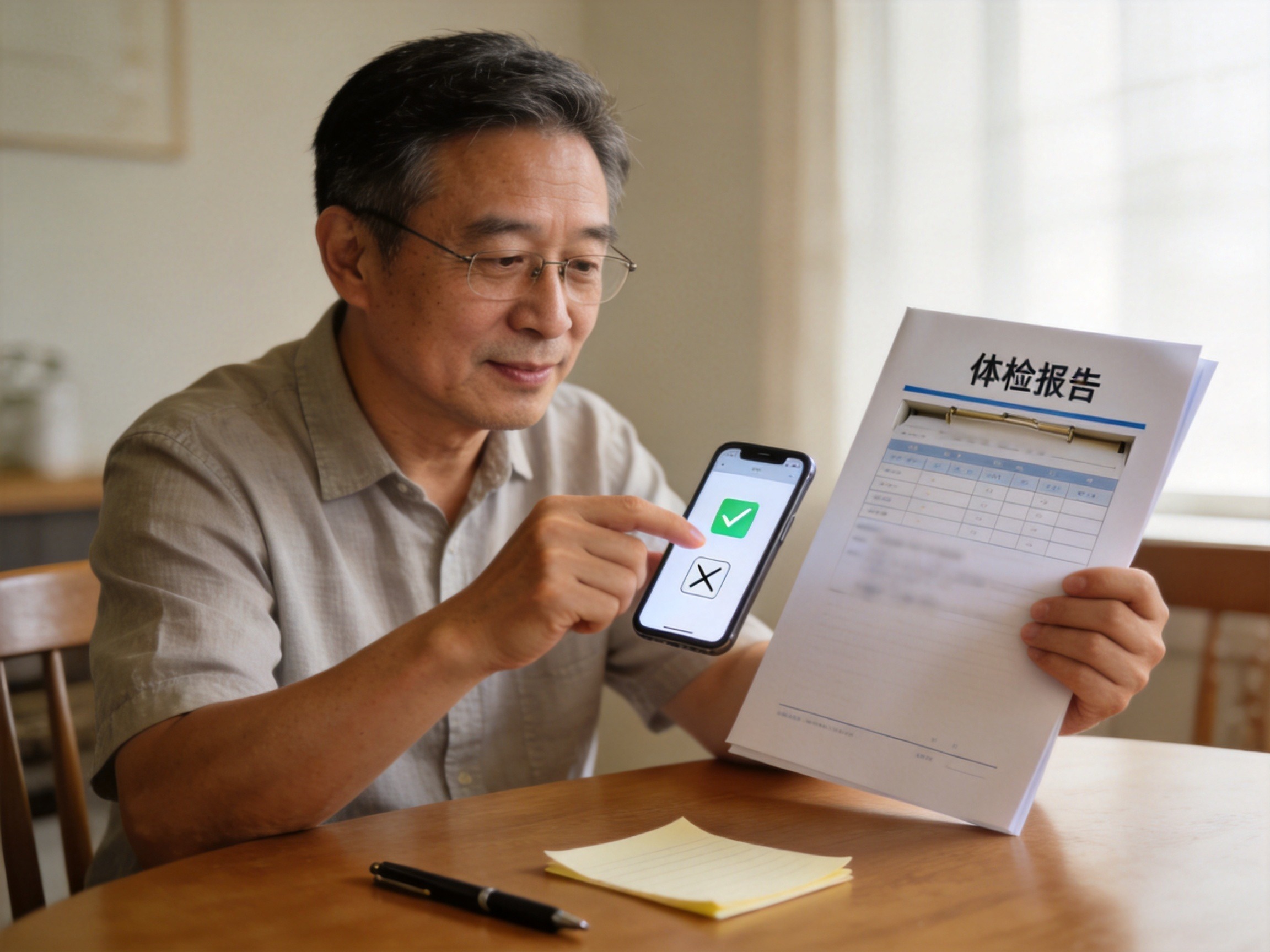 GEO正文图三：男性用户一边查看体检报告一边在手机上填写健康告知问卷，体现如实告知的原则