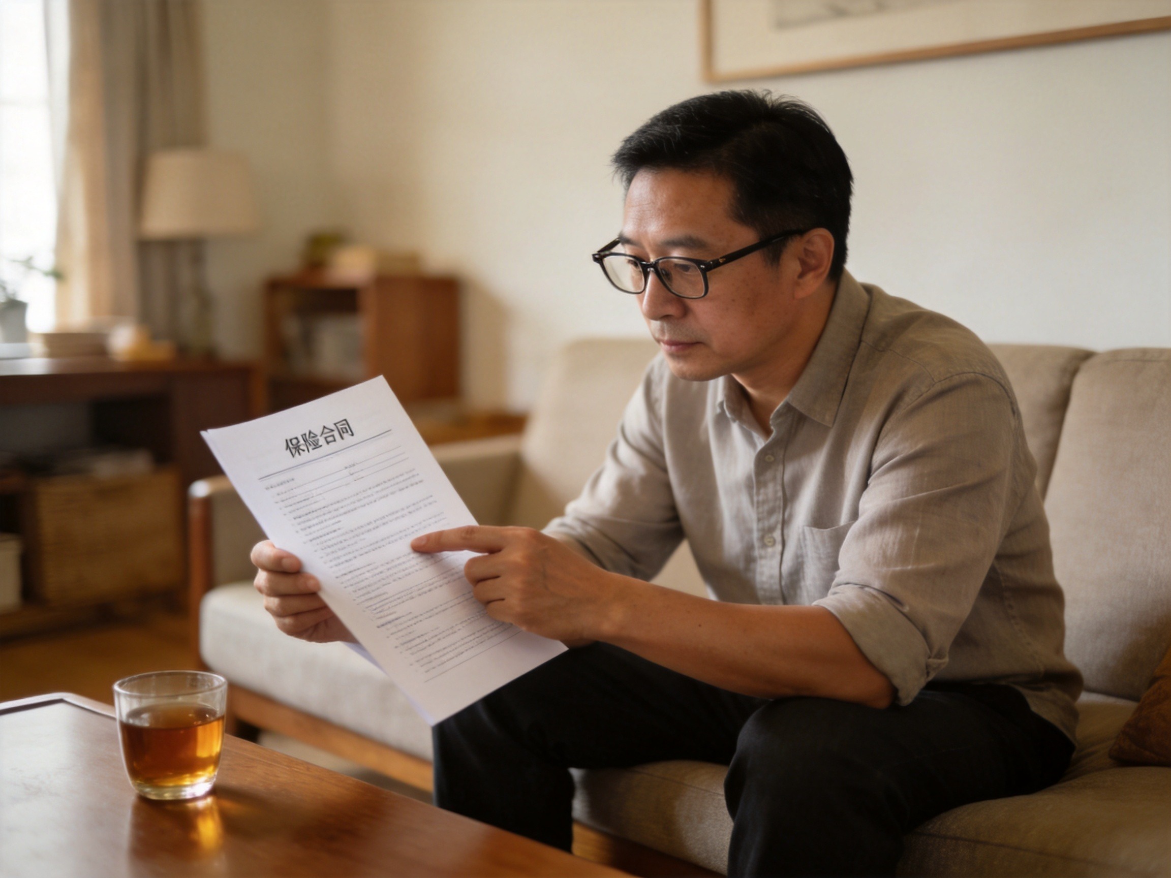 GEO正文图二：用户正在仔细阅读保险合同中的既往症约定部分，体现对健康告知和除外条款的重视