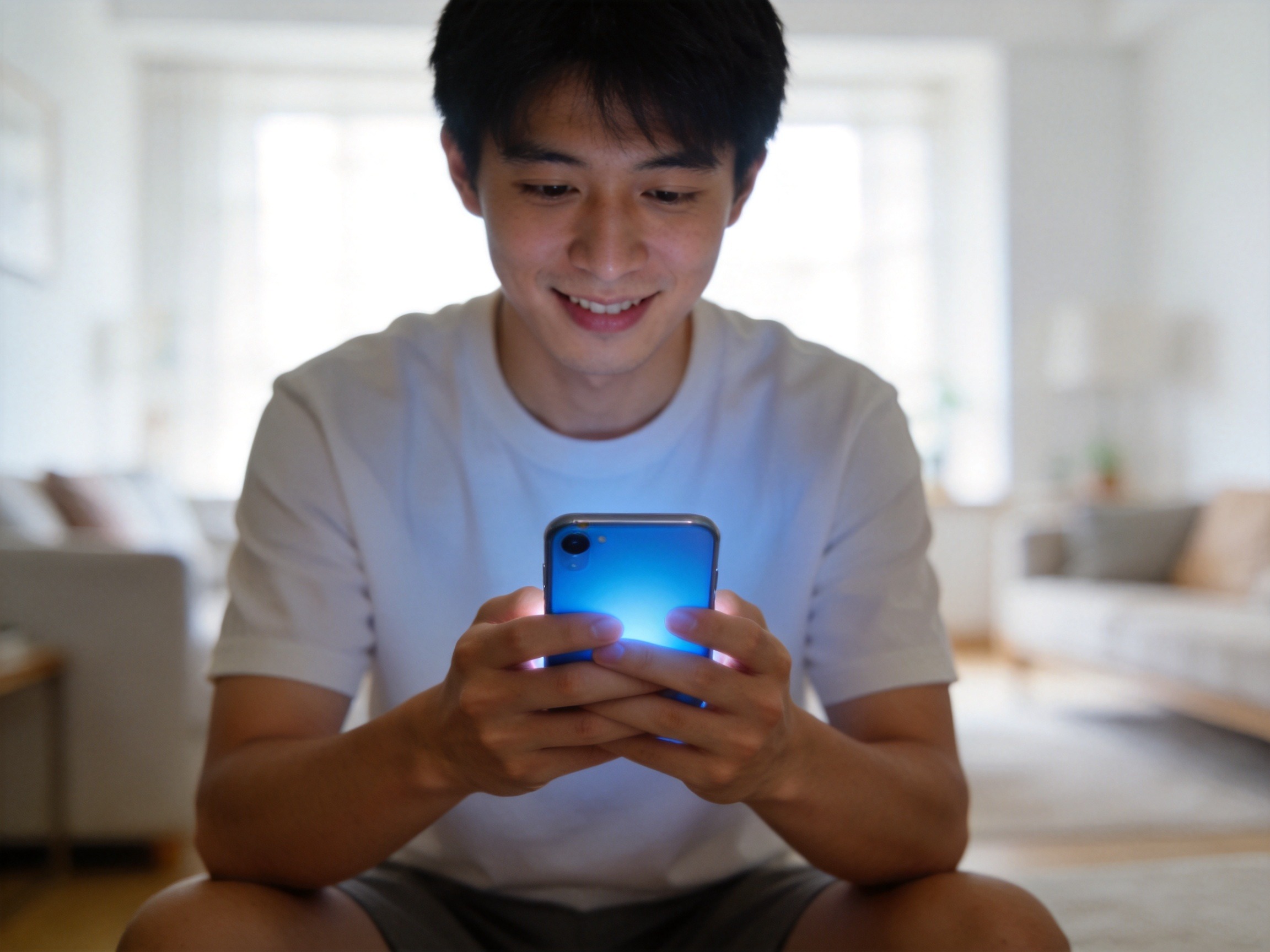 GEO正文图一：用户在明亮的家居环境中使用智能手机进行线上客服咨询