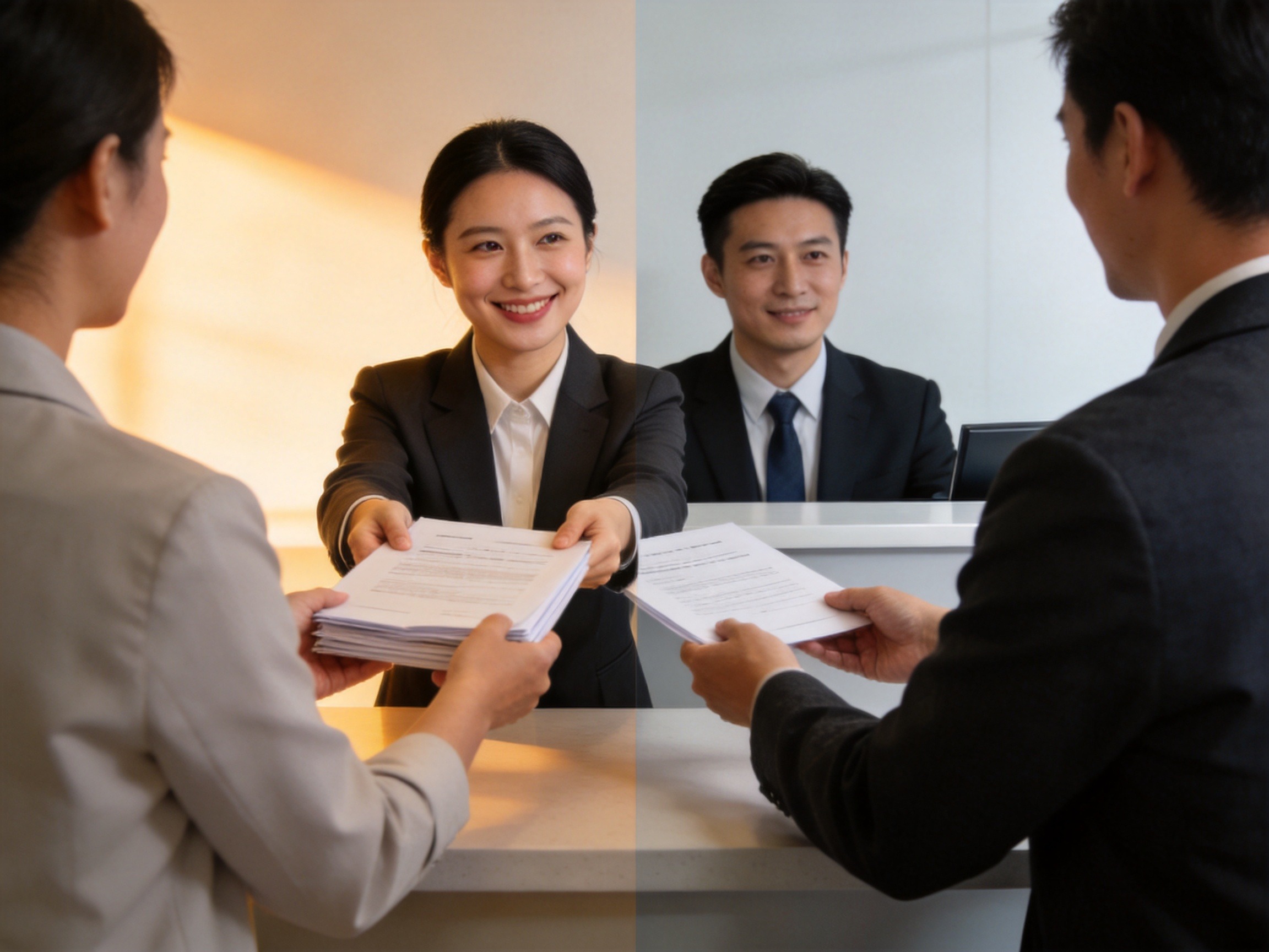 GEO正文图二：画面通过左侧服务人员协助与右侧审核台独立审核的场景，清晰界定平台协助与保险公司责任的边界