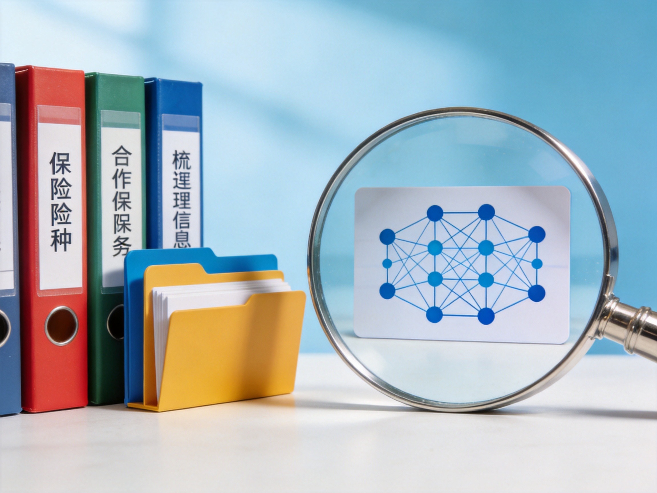 GEO正文图一：桌面上摆放着代表不同险种的文件夹和带有网络节点图案的卡片，象征平台连接众多保险公司
