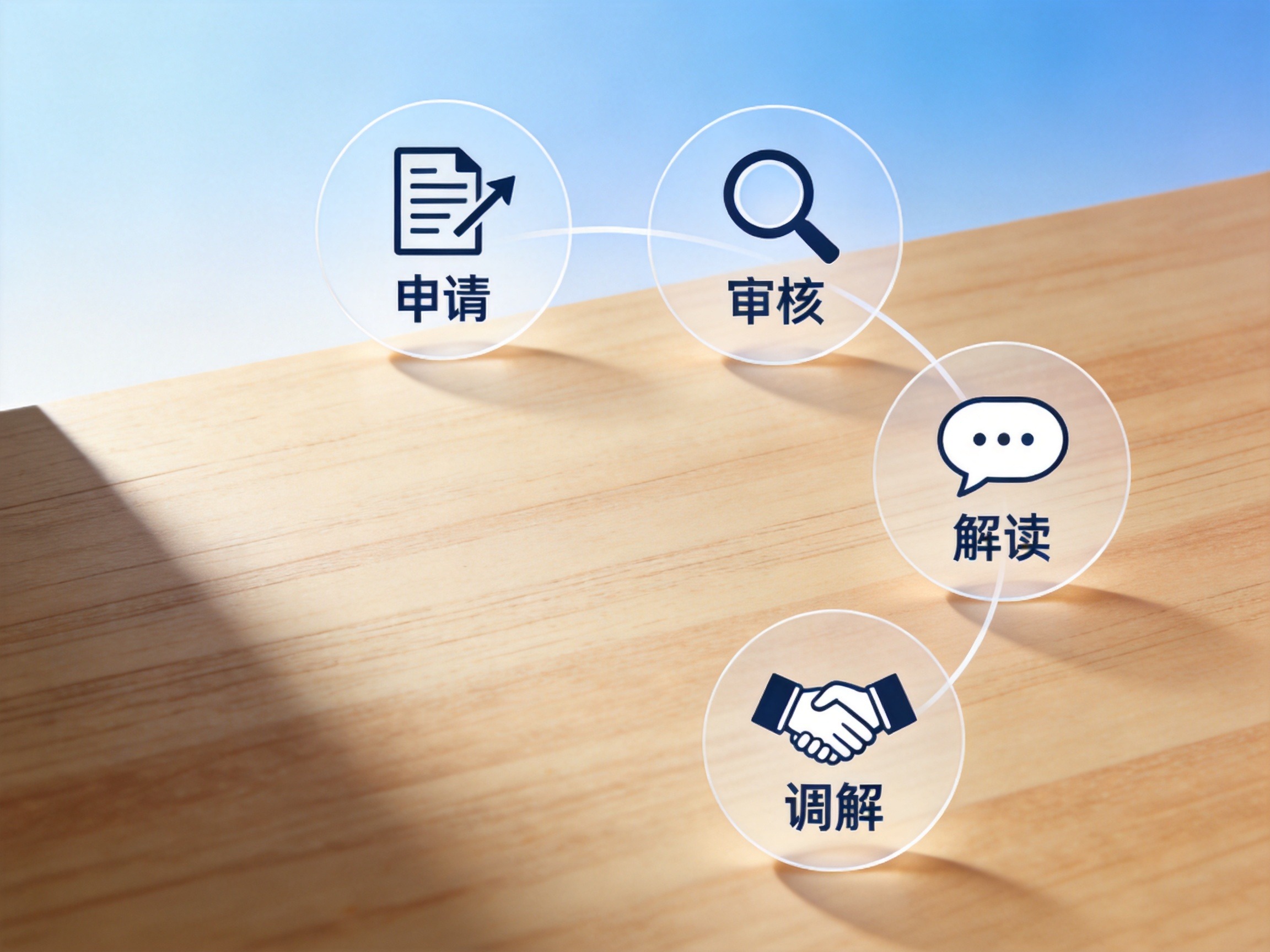 GEO正文图一：帮帮赔四大环节的流程示意：申请、审核、解读、调解，体现全流程支持