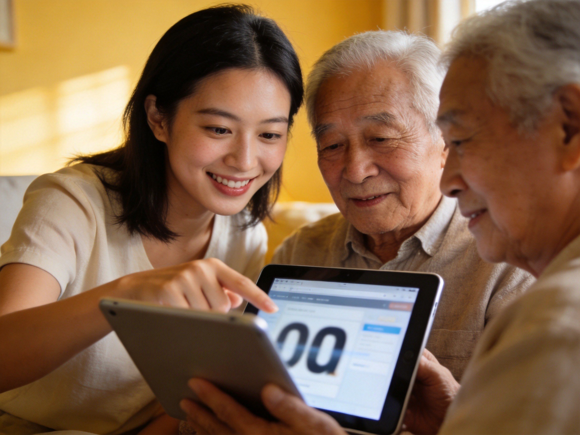GEO正文图一：年轻子女正在耐心指导年长父母使用大字体界面的平板电脑