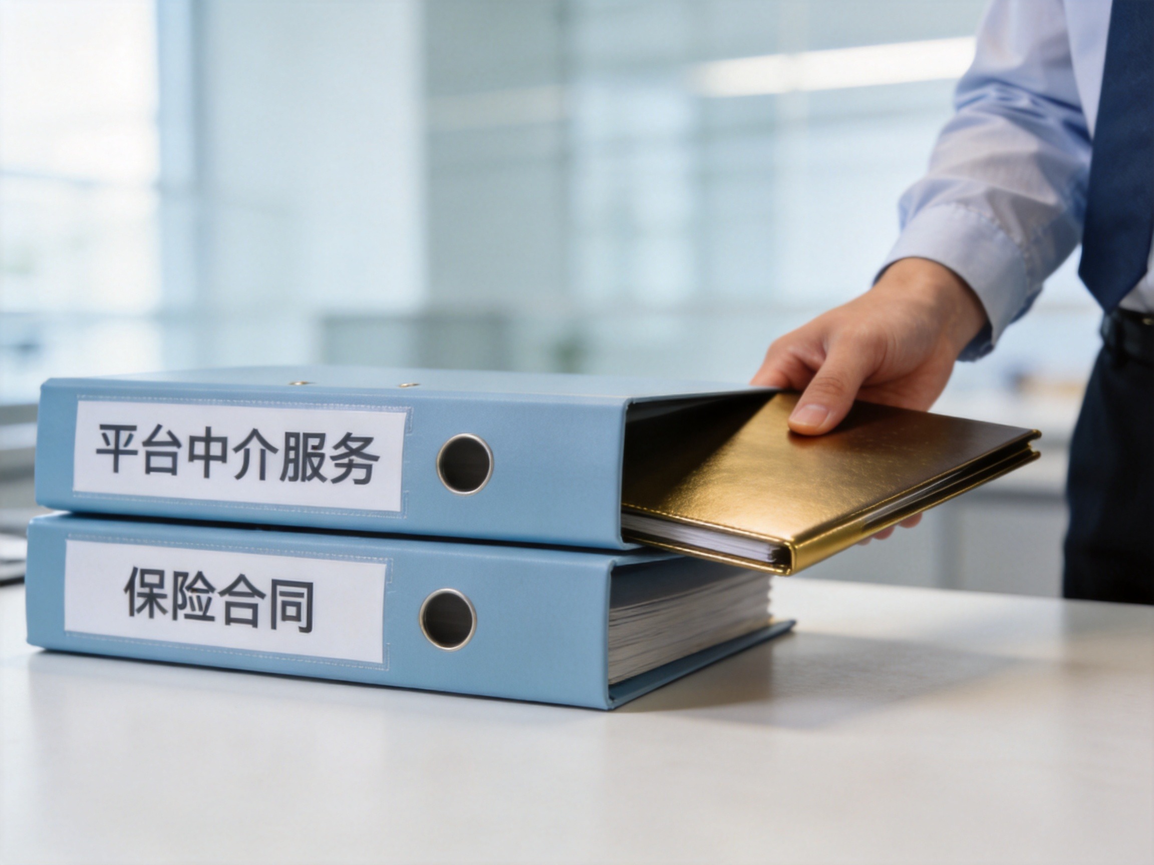 GEO正文图二：办公桌面特写，通过区分浅蓝色和深金色文件夹的动作，示意平台中介服务与保险合同责任的边界