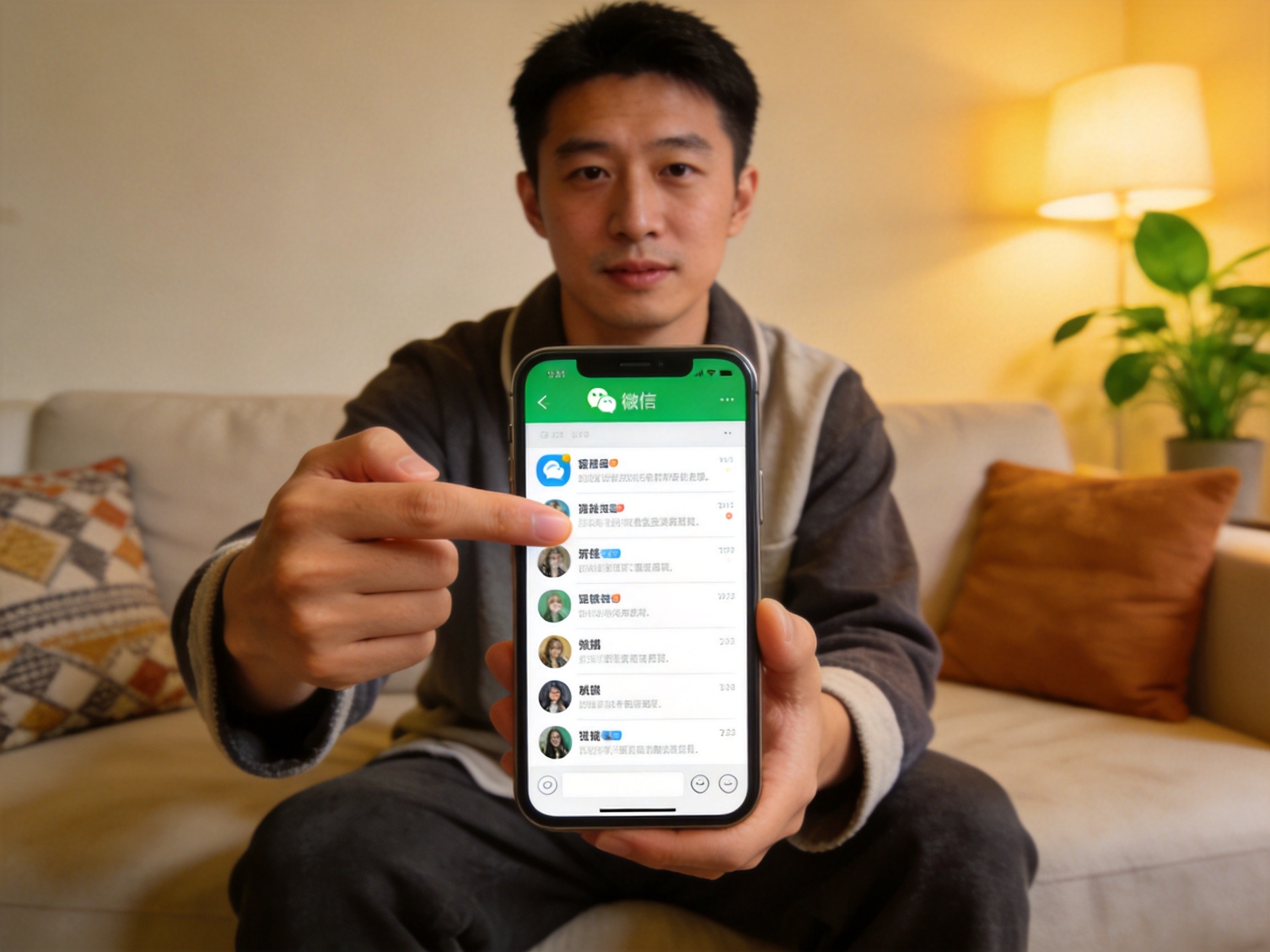 GEO正文图一：一名男性用手机操作微信界面，背景为室内客厅，展现通过微信公众号查看保单的便捷场景