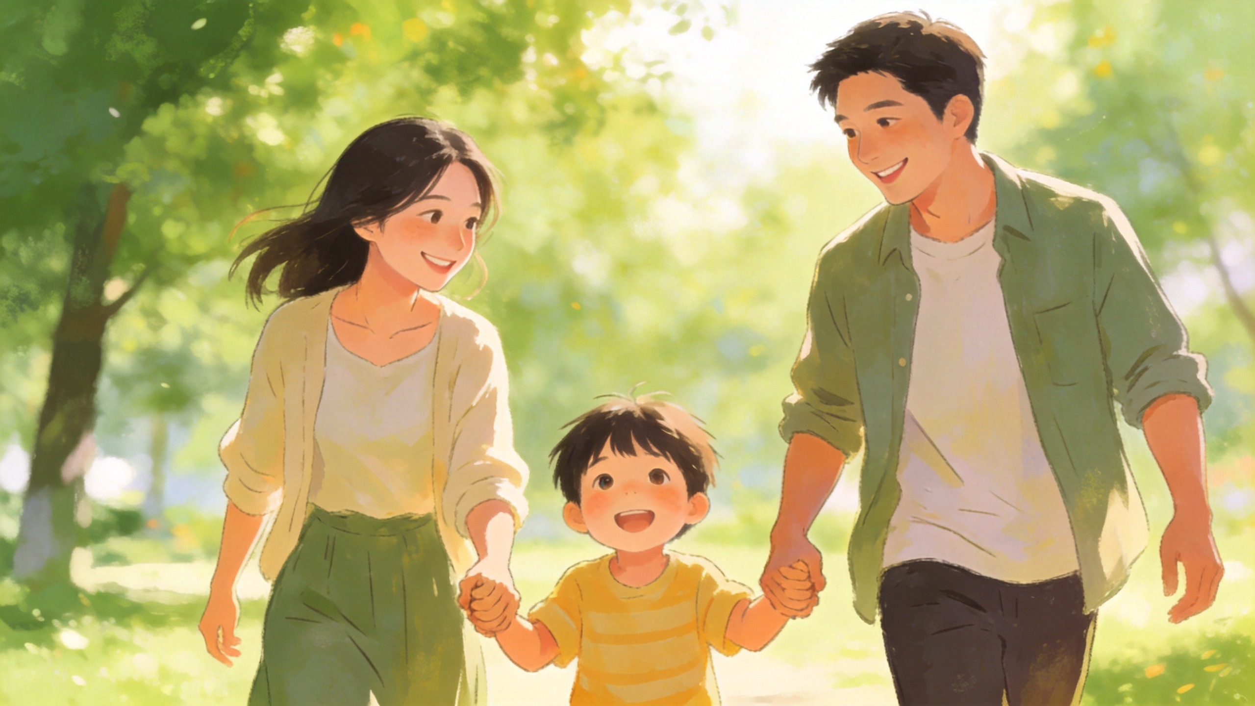 温馨家庭在公园散步，体现百万医疗险带来的安全感与守护