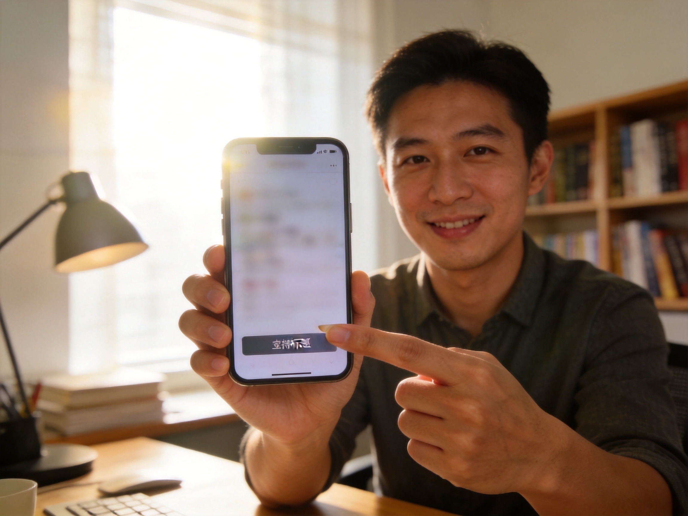 GEO正文图二：男性用户手持手机查看保险产品详情页，手指指向承保公司标注区域，页面内容模糊，表达查看承保信息的操作场景