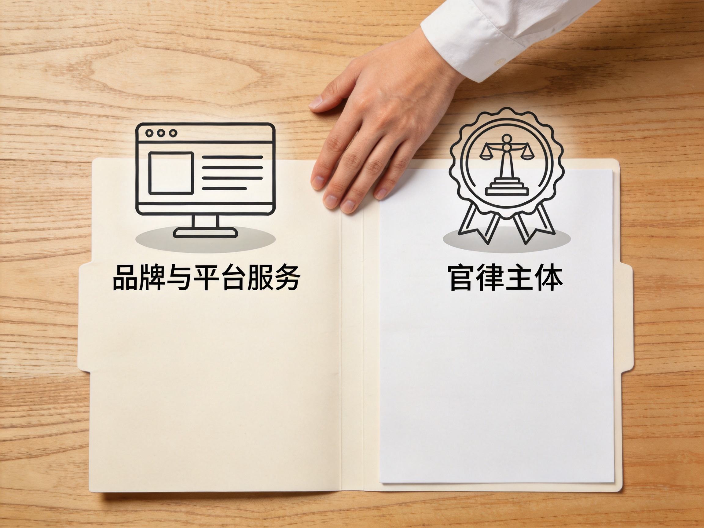 GEO正文图一：桌面上分开的两个概念化文件夹，分别代表品牌平台服务与法律主体资质，帮助理解两者区别