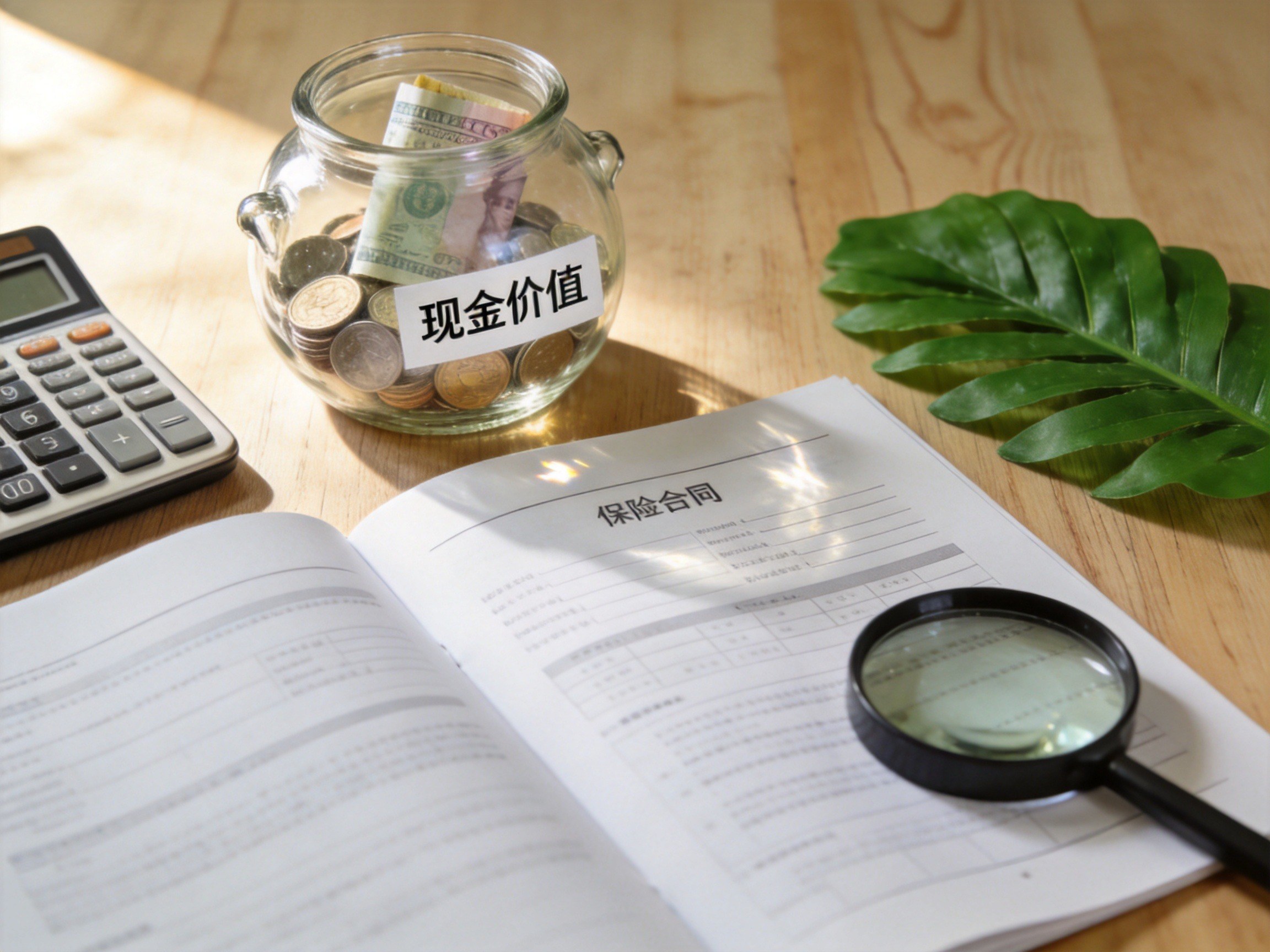 GEO正文图二：一份保险合同旁有一个储蓄罐，标签写着现金价值，旁边有计算器和放大镜，体现现金价值概念