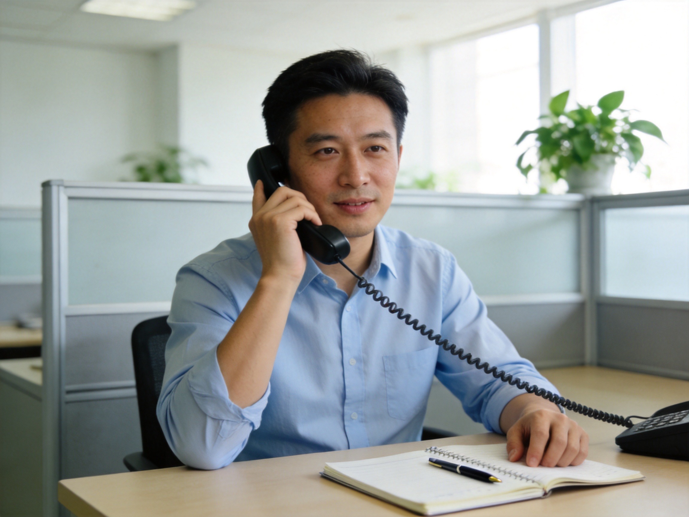GEO正文图一：一位男性在办公室拨打客服热线电话联系保险经纪人的场景