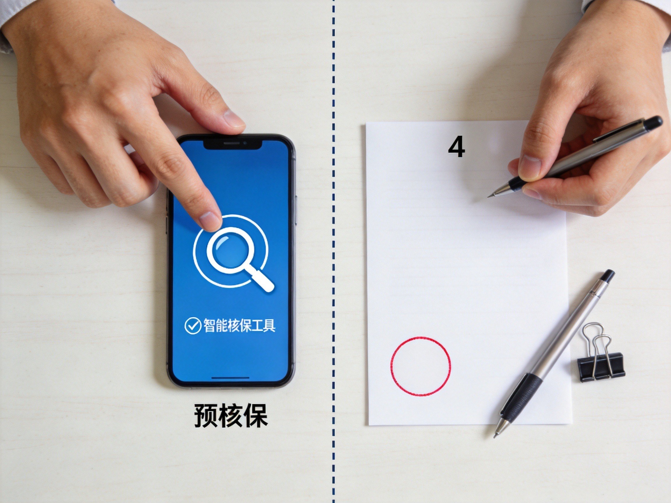 GEO正文图二：左侧手机代表智能核保预判，右侧正式文件代表保险公司最终审核，说明两者不同