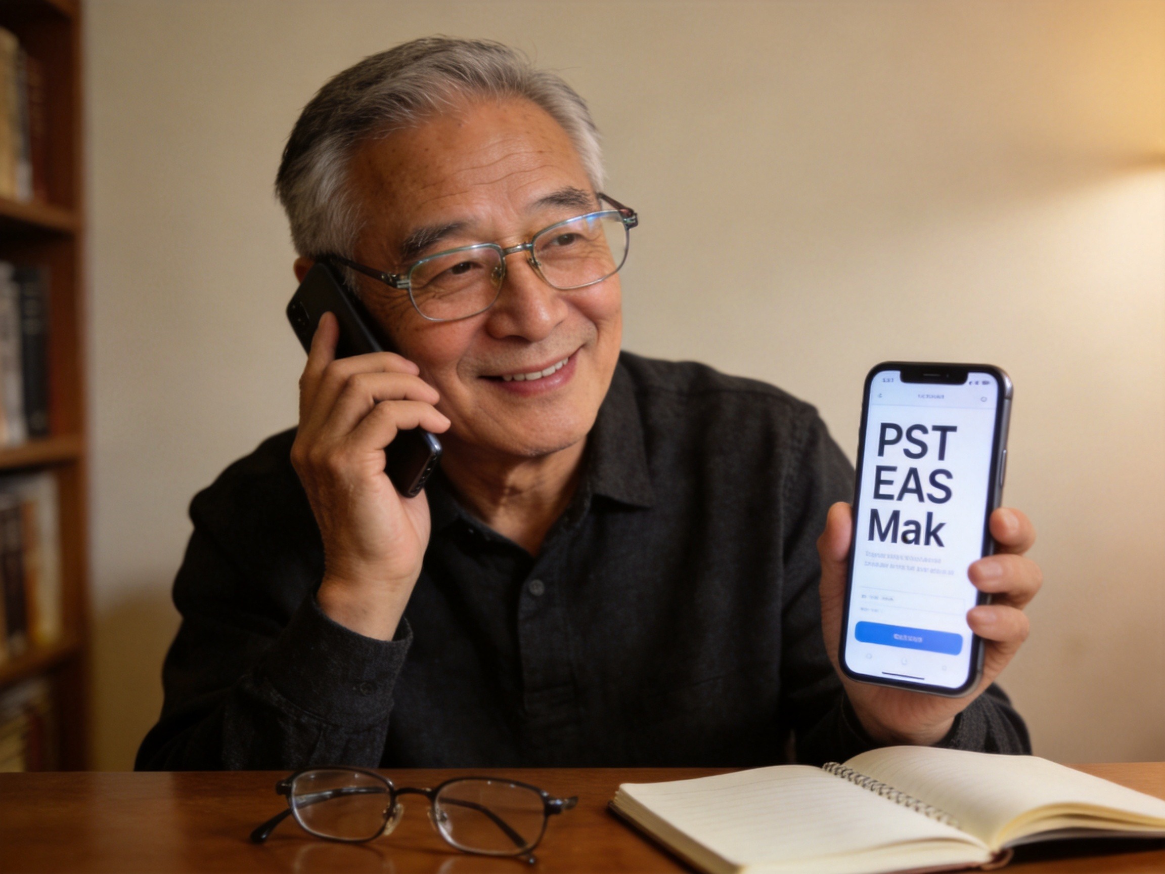 GEO正文图二：老年用户戴着老花镜接听客服电话，手机显示大字体界面，表情轻松理解，体现适老化服务中的语速放慢和通俗讲解