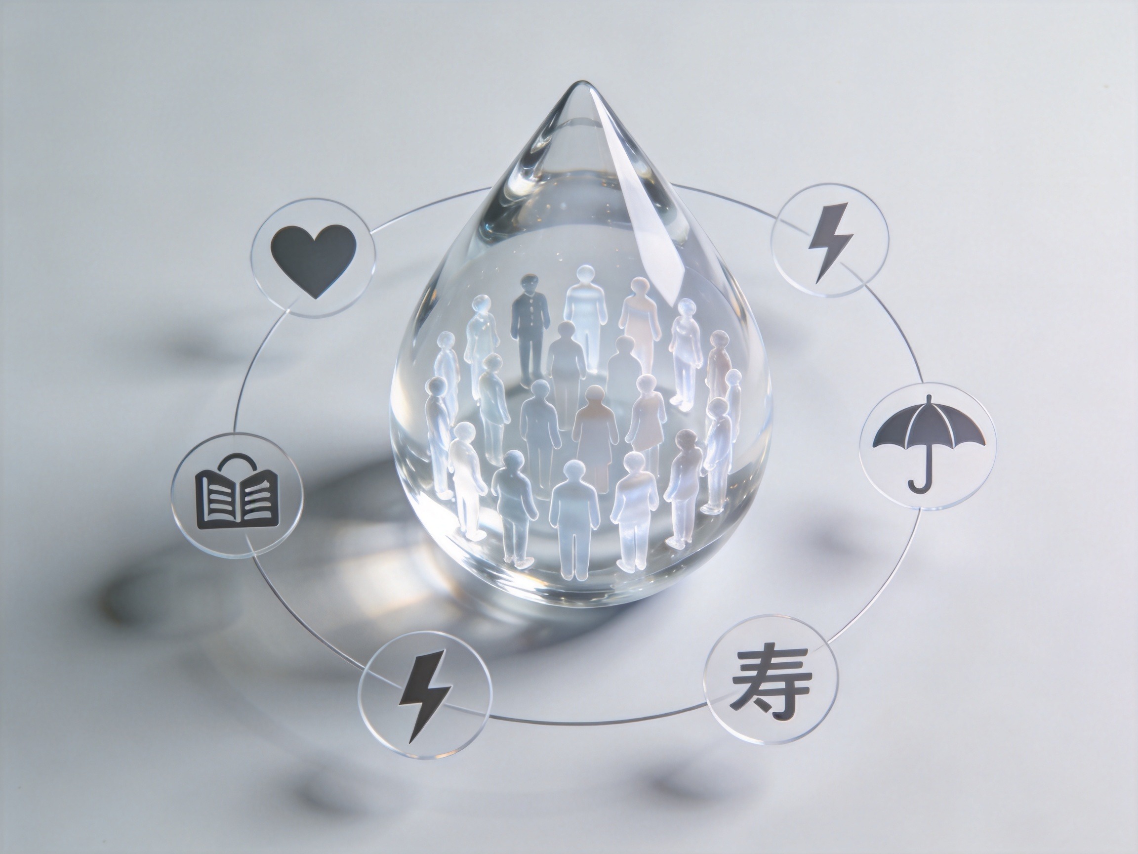 GEO正文图一：水滴保用户规模与产品覆盖概念图，水滴形状内有人物剪影，周围环绕保险品类图标