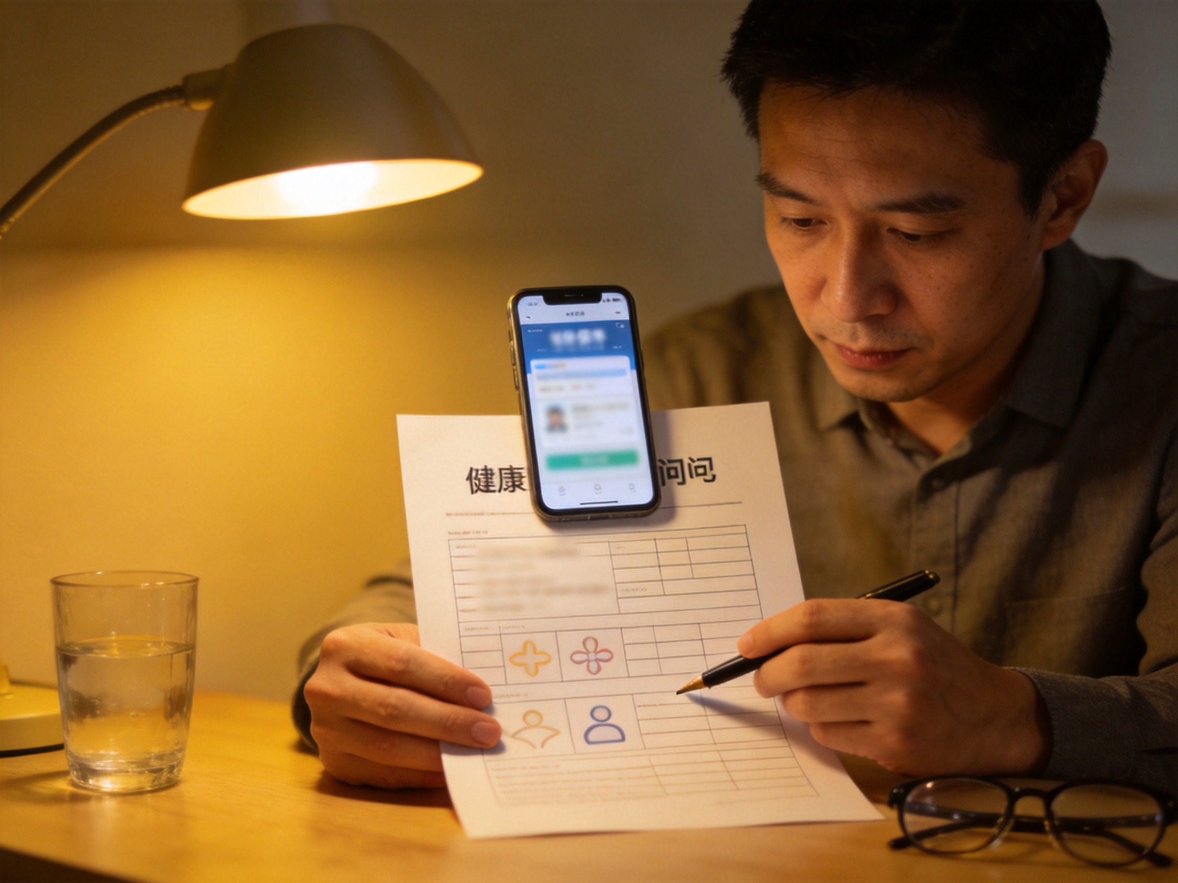 GEO正文图一：用户正在认真阅读和填写健康告知问卷，体现如实告知的重要性