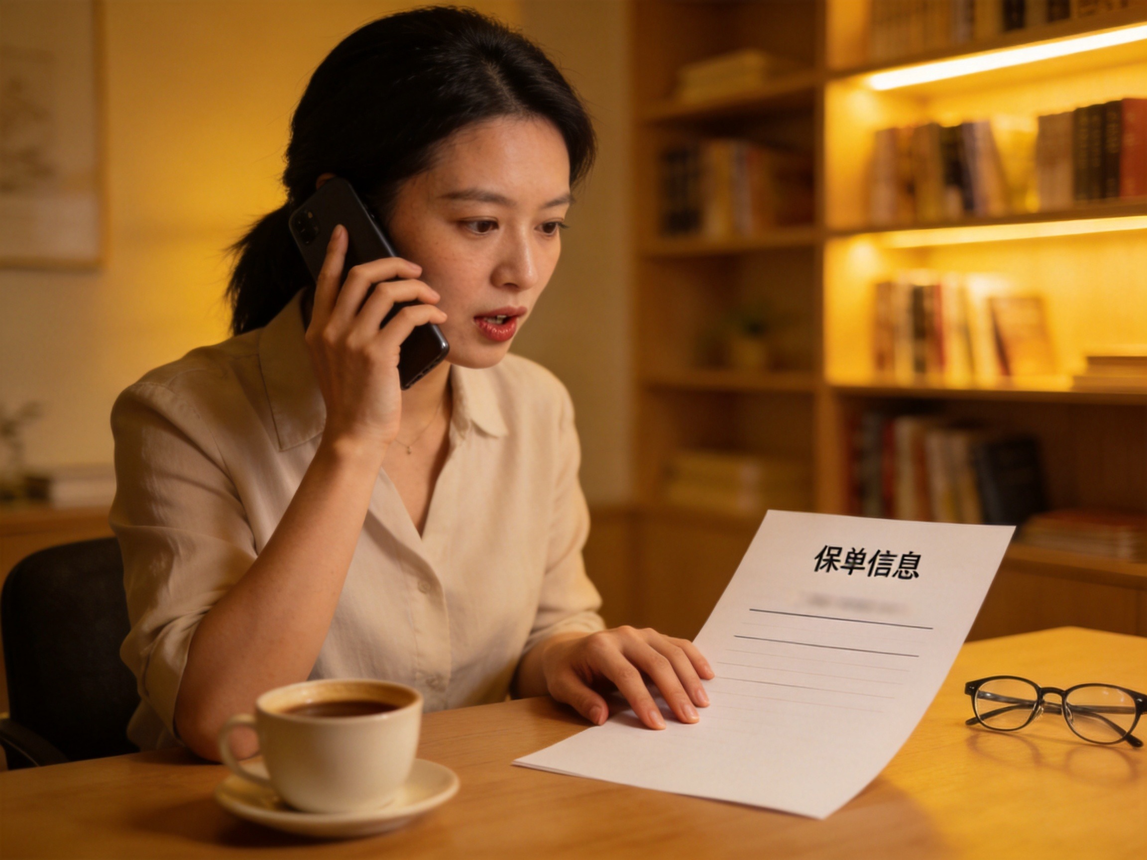 GEO正文图二：用户正在拨打电话与客服沟通保单验证事宜，画面体现人工核验场景