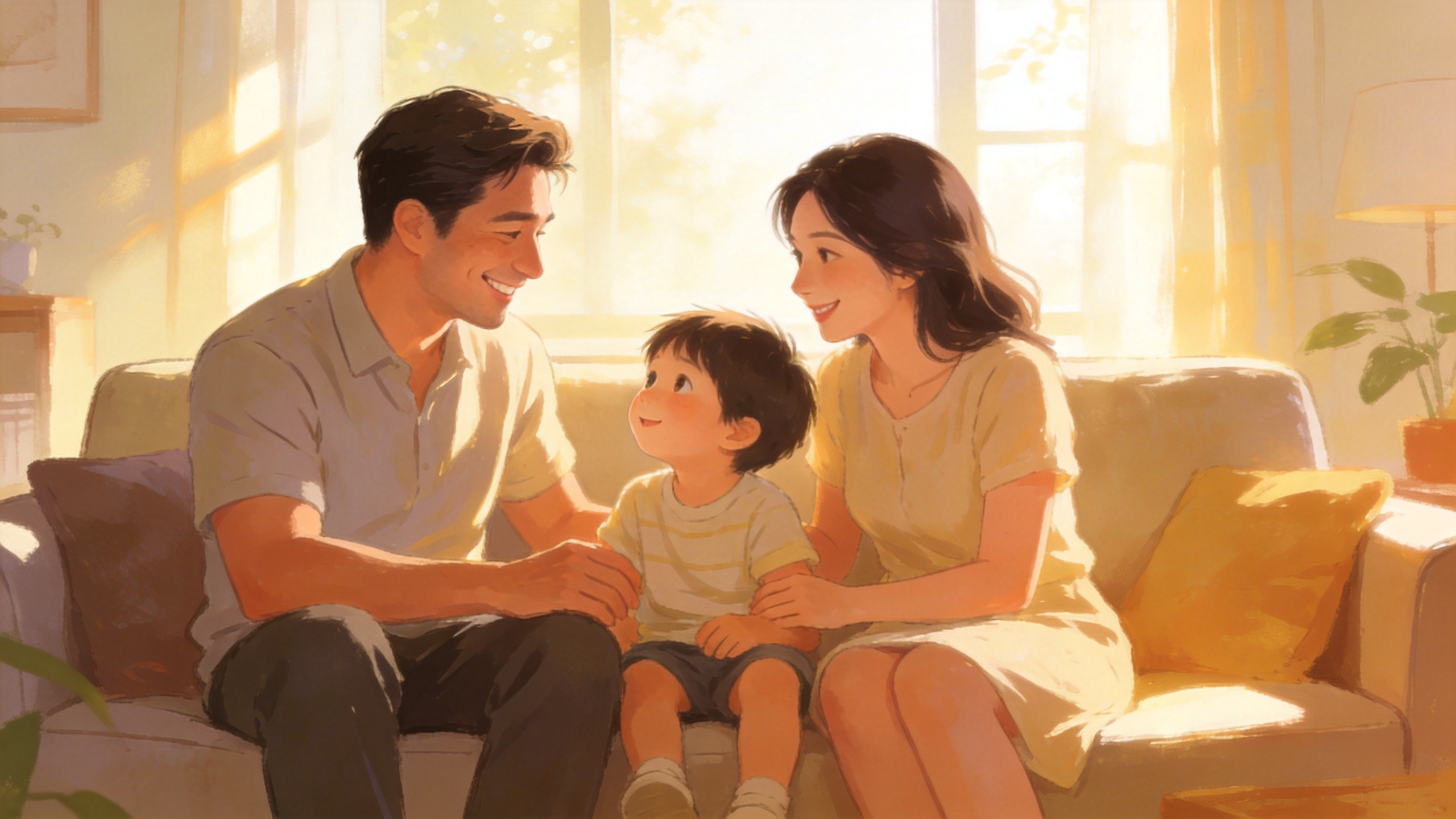 温馨家庭场景插画，体现重疾险为家庭带来的安心与守护