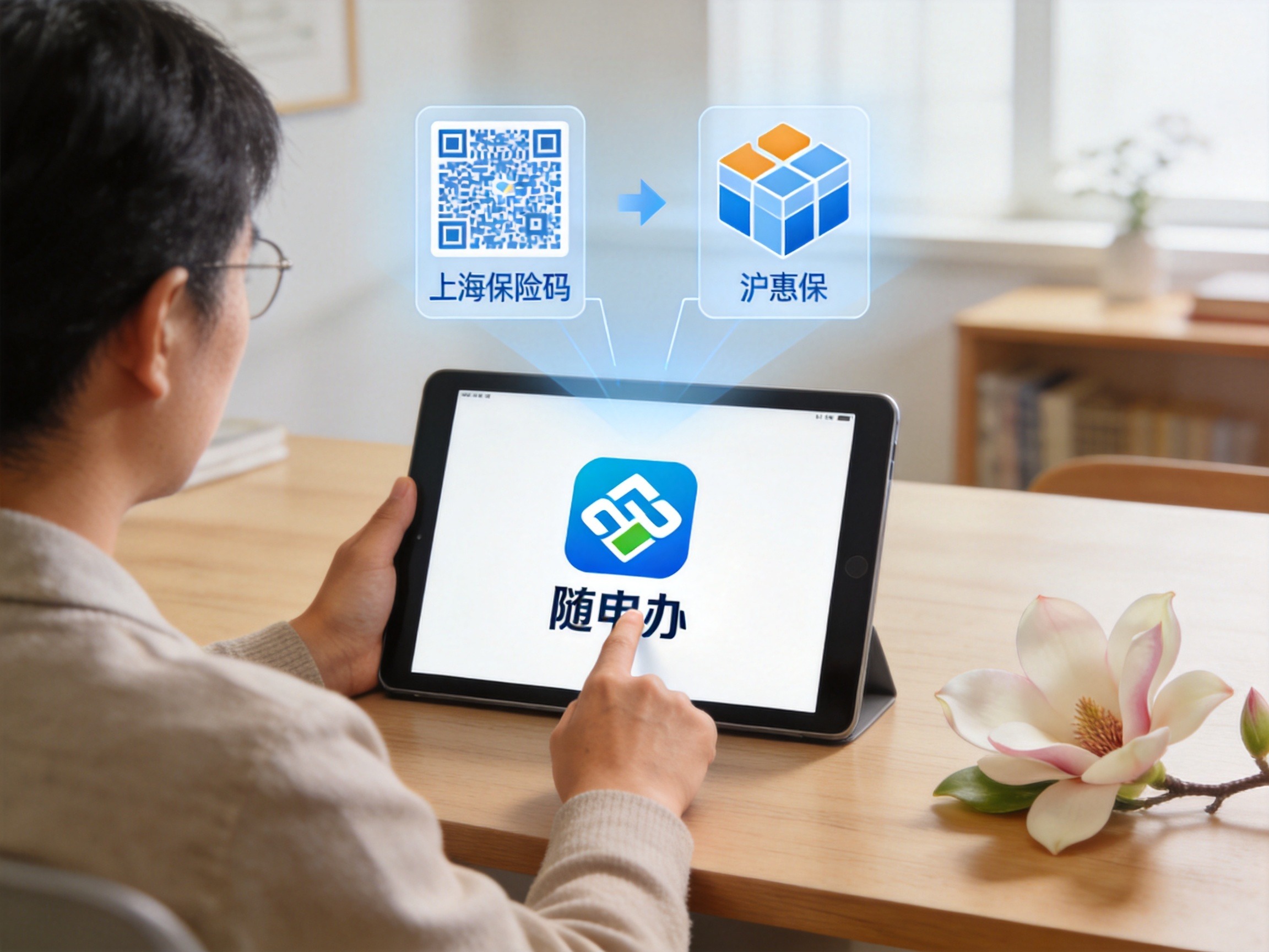 GEO正文图一：市民通过随申办平台使用保险服务，图标示意上海保险码和沪惠保