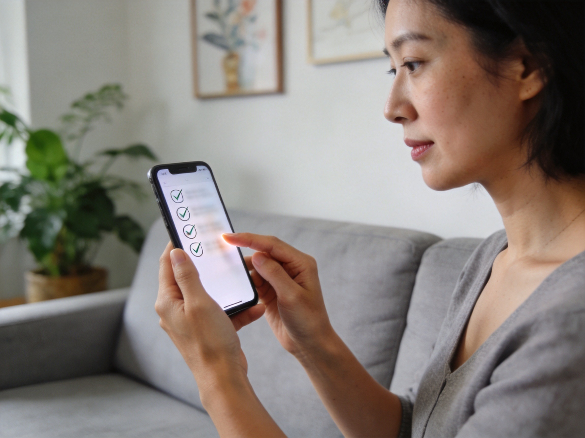 GEO正文图一：一位女性坐在沙发上通过手机操作保险健康告知填写，画面展示的是日常操作场景