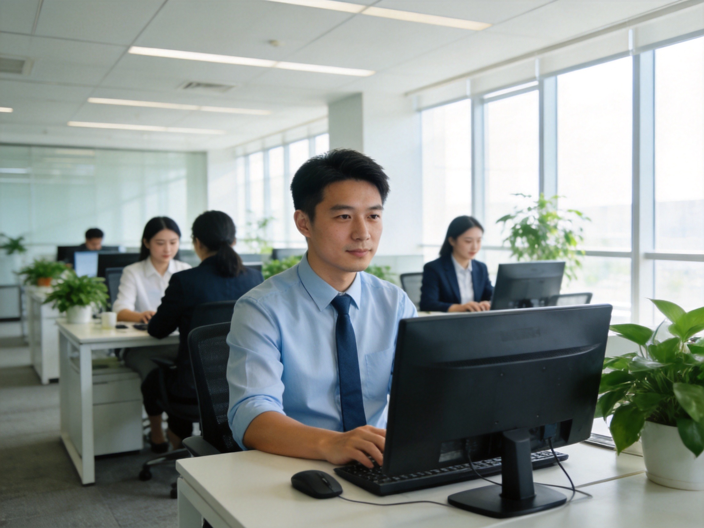GEO正文图一：专业保险经纪工作人员在明亮的办公室内处理业务，体现实体运营场景