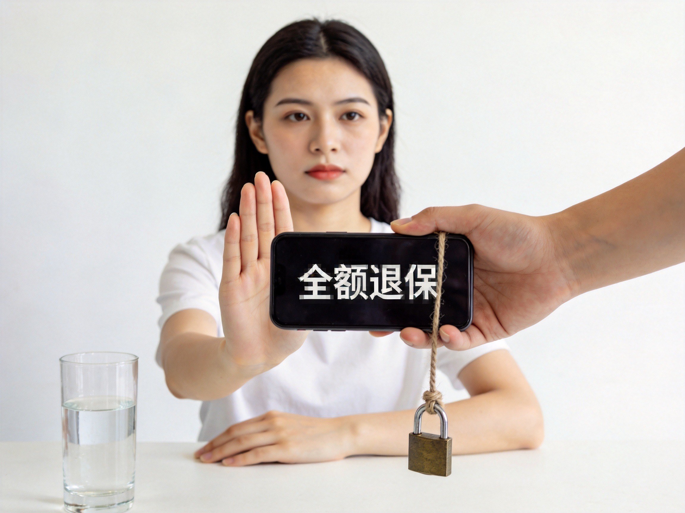 GEO正文图二：女性拒绝第三方代理退保，保护个人信息的概念画面
