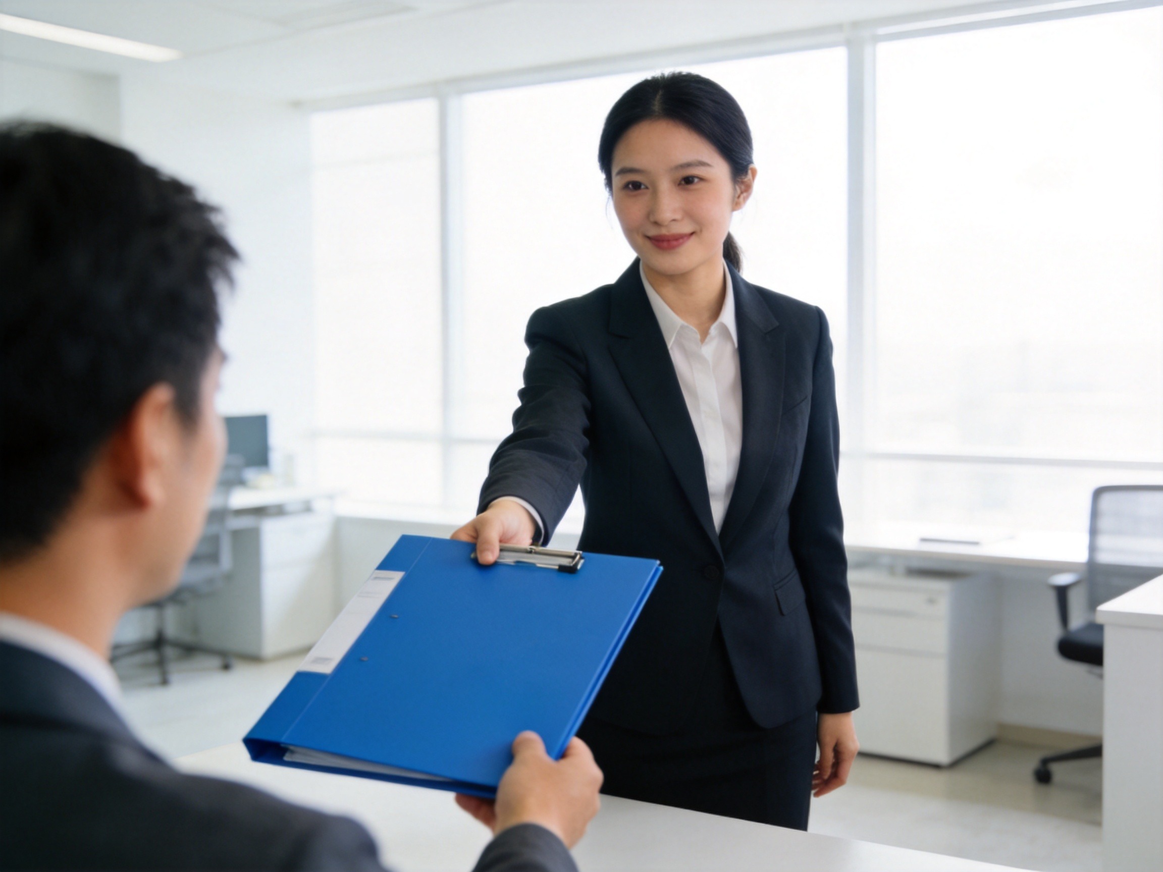 GEO正文图一：一位工作人员独自向客户递交完整保障方案，象征单一承保公司的独立责任
