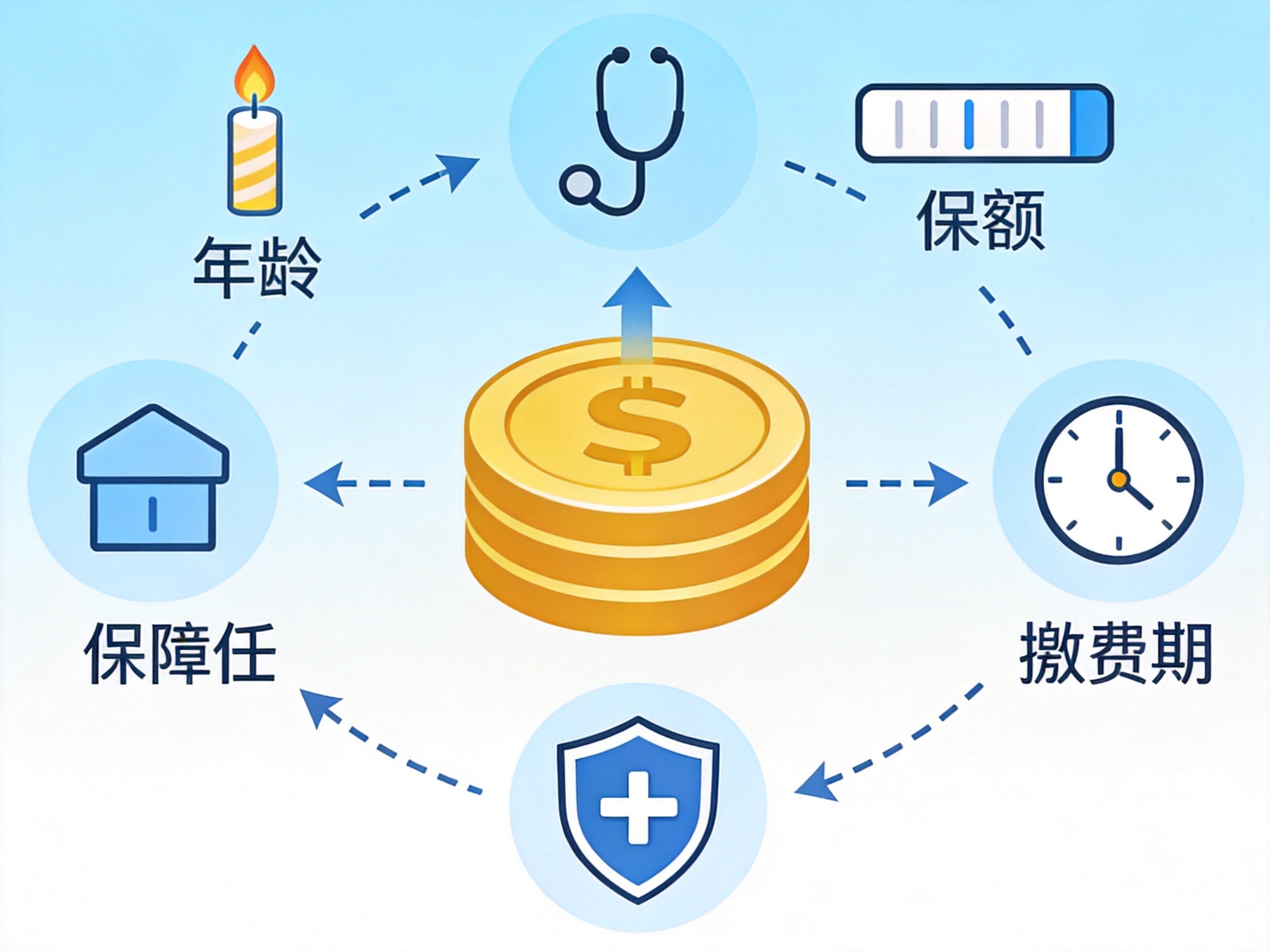 GEO正文图一：多个保险因素（年龄、健康、保额、责任、缴费期）围绕保费硬币的概念图，说明保费受多重因素影响