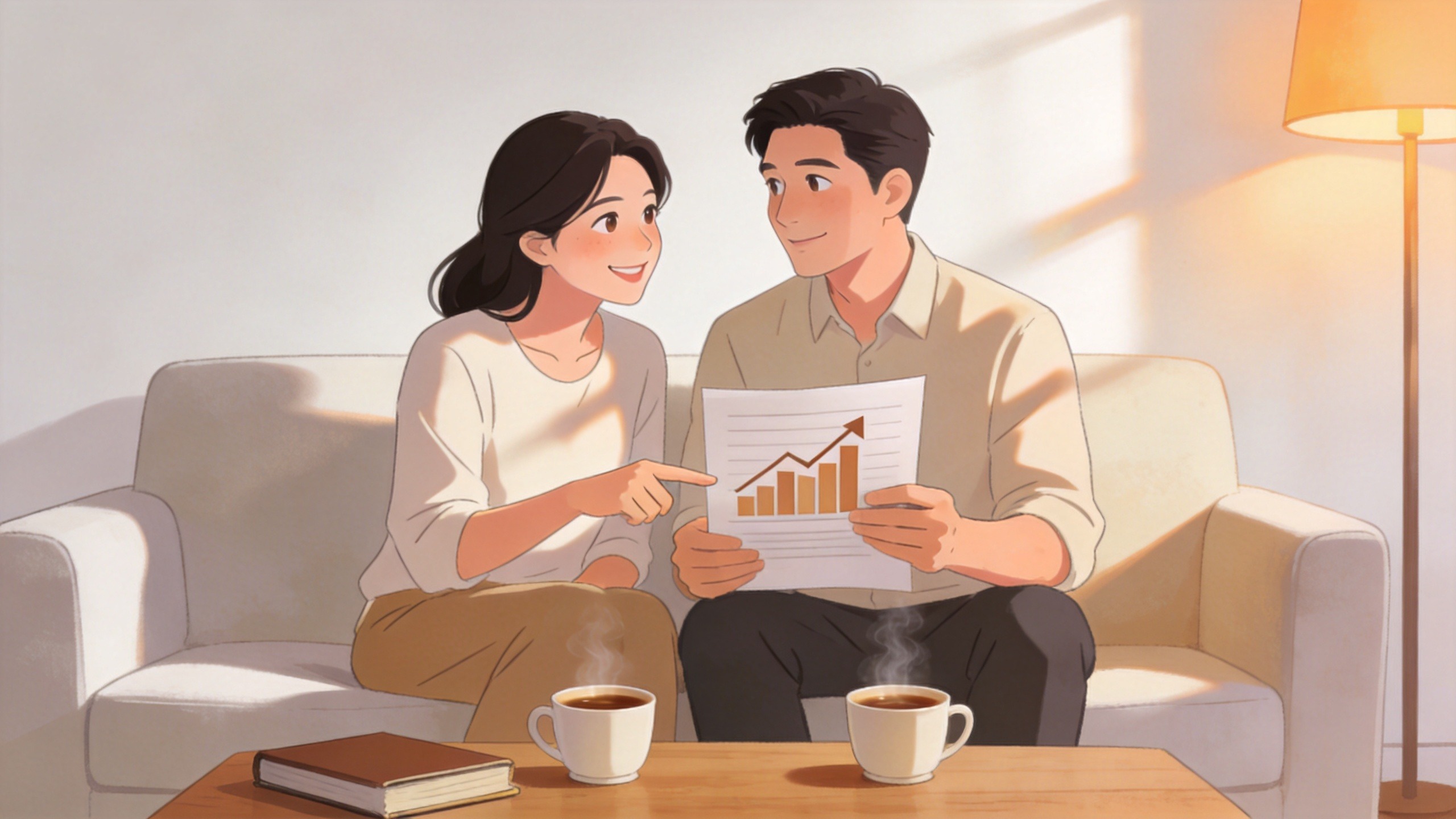 夫妻在温馨客厅进行家庭财务规划