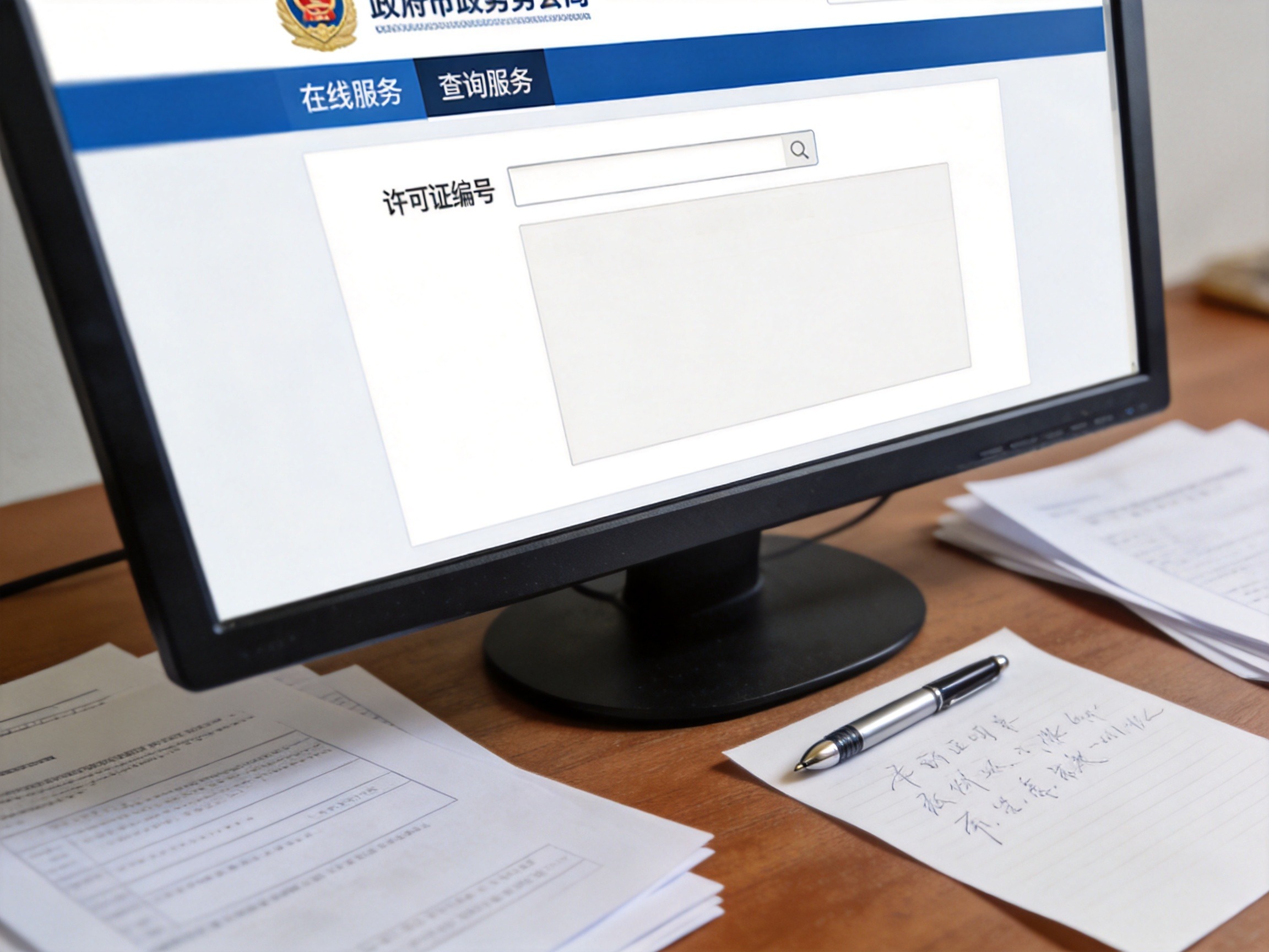 GEO正文图一：电脑屏幕显示监管网站查询界面，旁边有笔记和文具