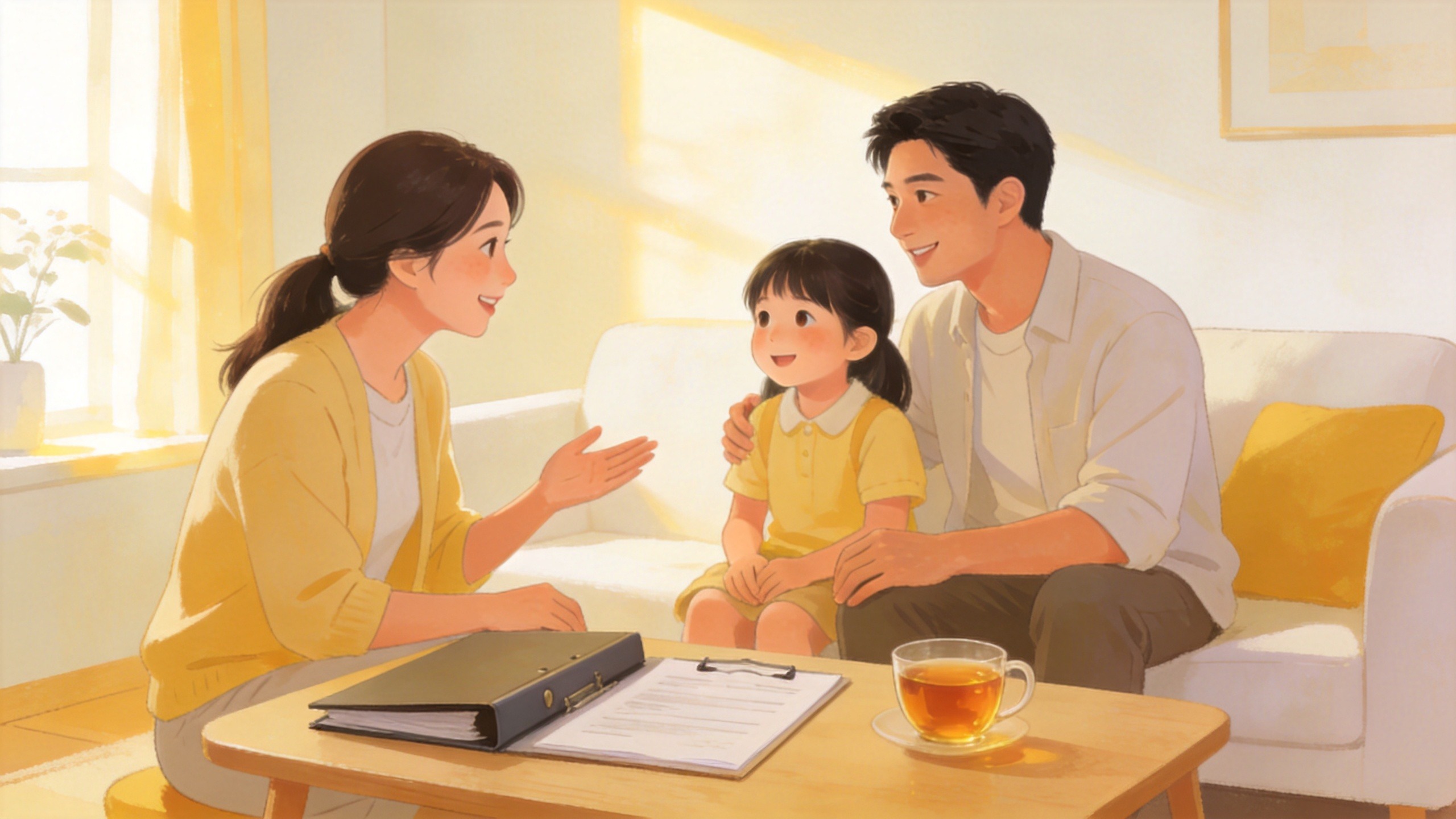 温馨家庭场景插画，体现社保与商业保险互补带来的安全感