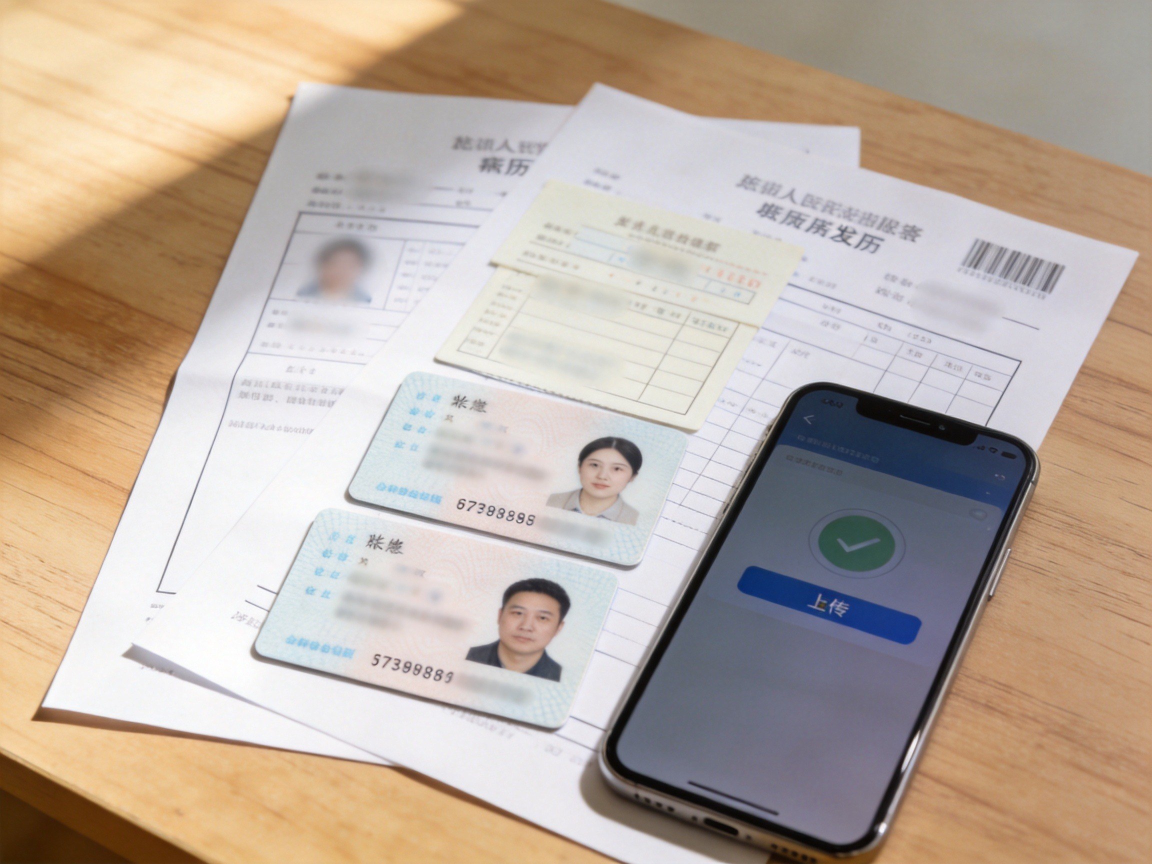 GEO正文图二：用户准备理赔相关材料，包括病历、发票和证件，示意材料提交前的整理场景