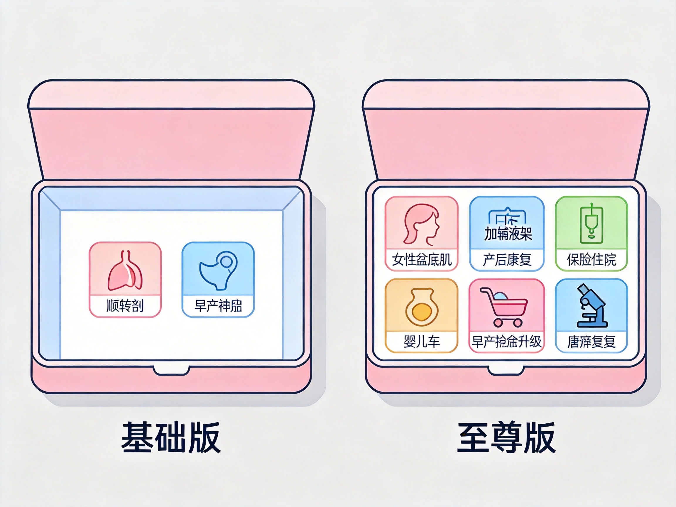 GEO正文图一：基础版与至尊版保障项目对比示意图，至尊版多出四个彩色图标表示新增责任