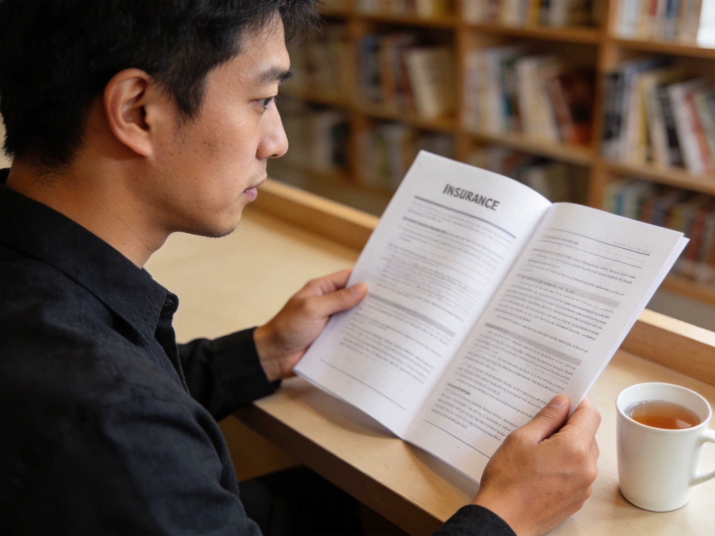 GEO正文图三：用户正在认真阅读保险合同条款，对应章节提醒以具体保险条款为准，强调续保规则需按约定判断