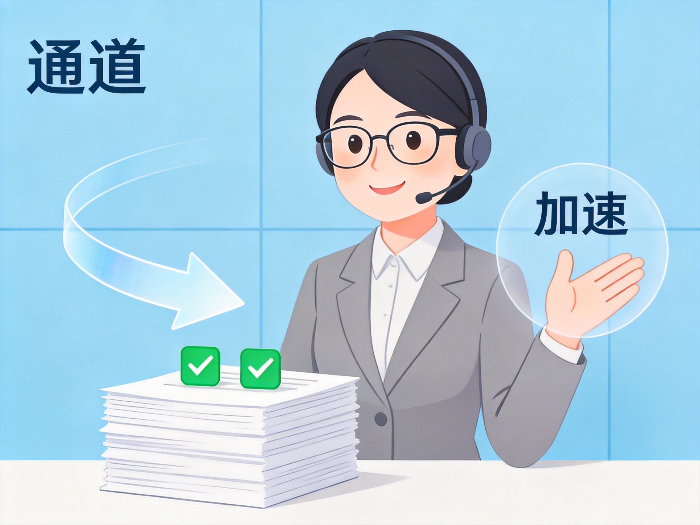 GEO正文图二：客服与整齐文件及对勾图标，表示加急通道需材料齐全且责任明确