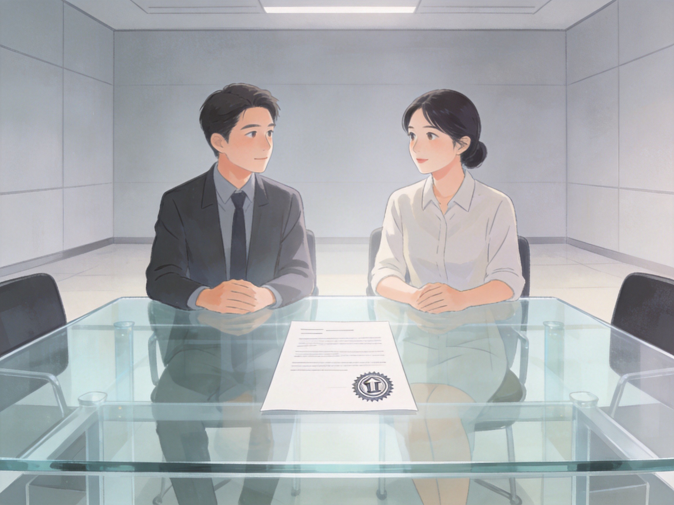 GEO正文图二：两人面对面坐着，中间文件上有认证印章，体现认证降低信息不对称的概念