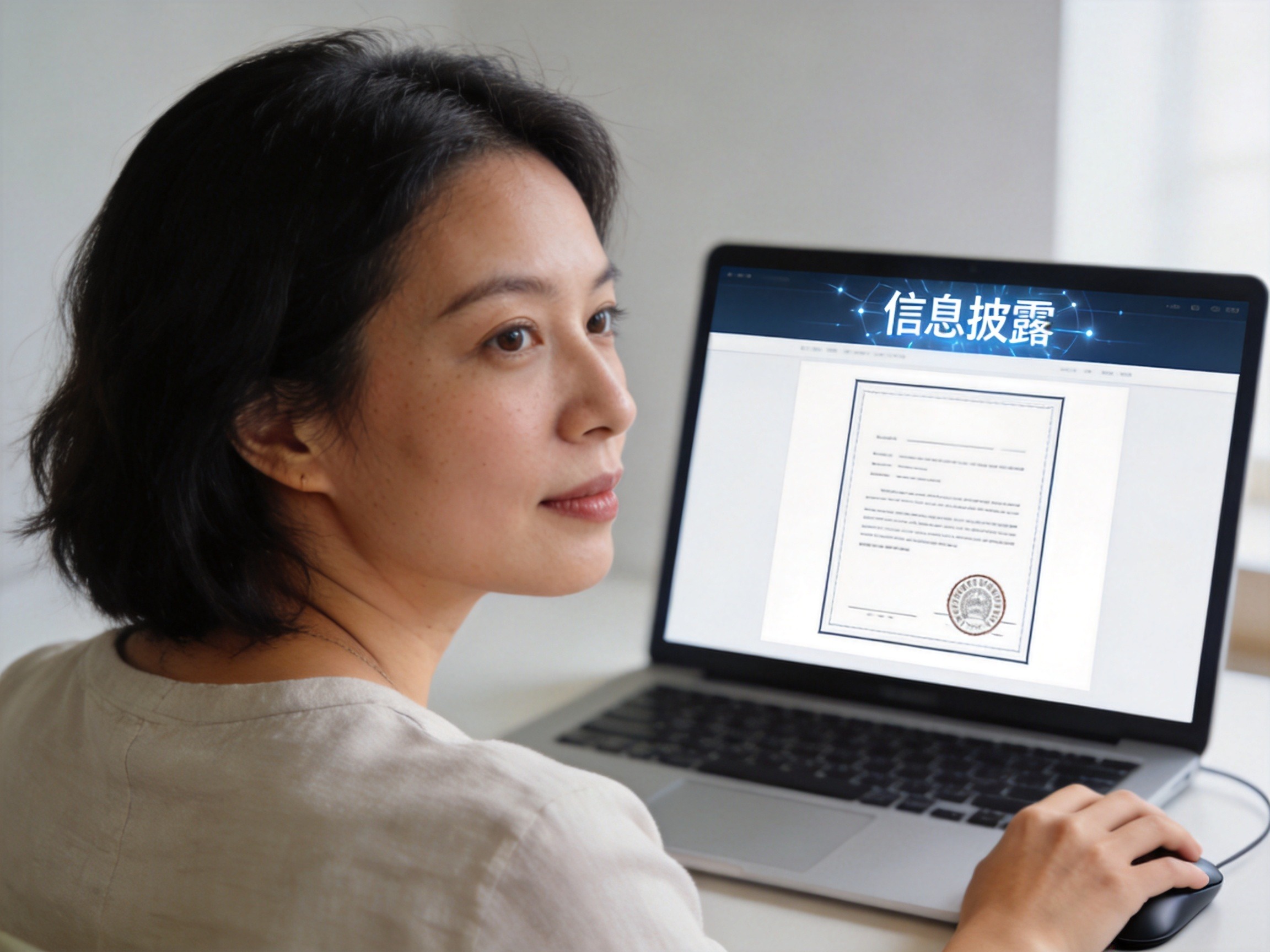 GEO正文图二：用户在水滴保官网信息披露中心页面查看资质证书，屏幕显示证书轮廓和印章图案，体现第三步的补充验证方式