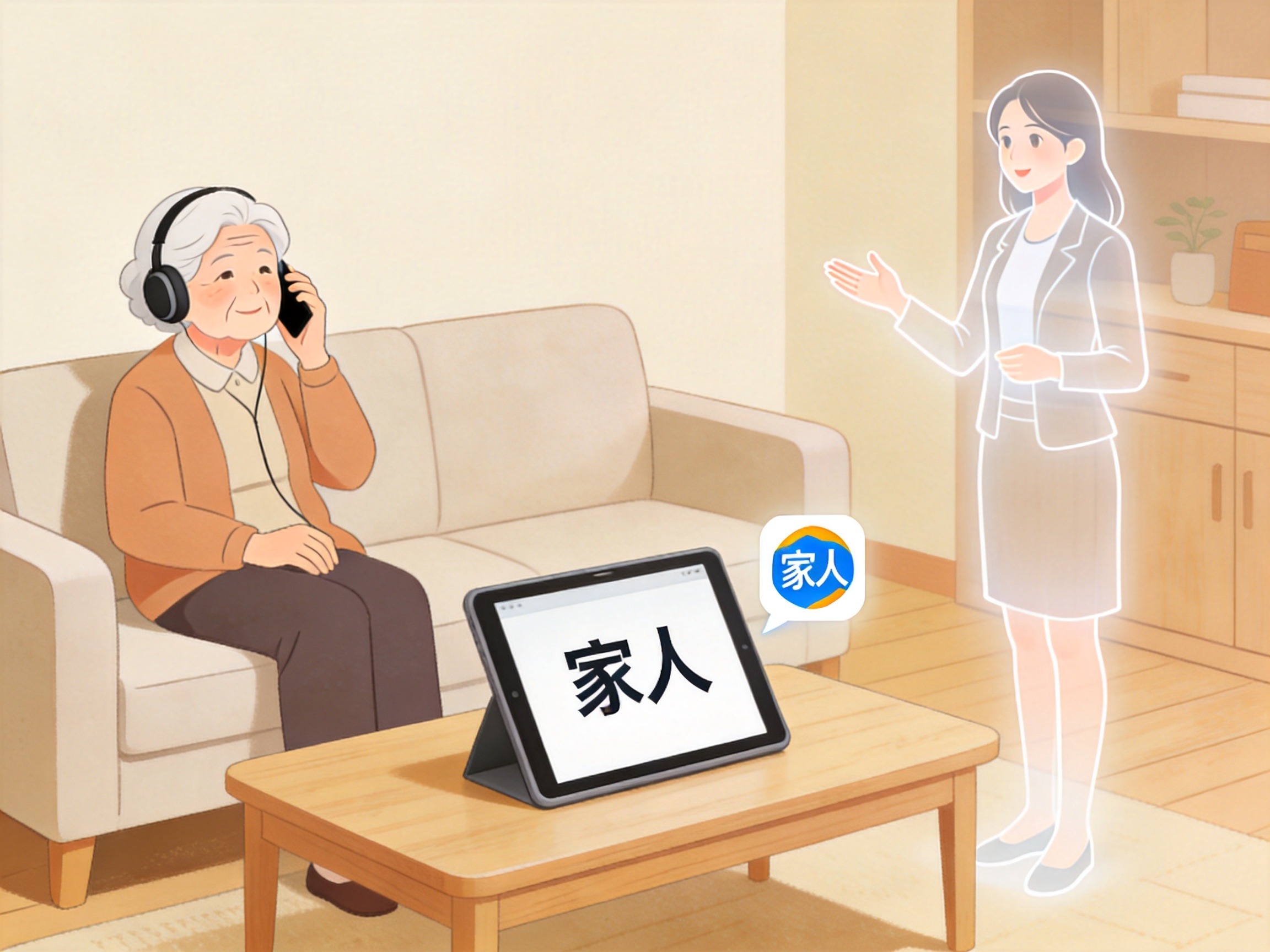 GEO正文图一：一名老人戴着耳机打电话，茶几上的平板显示大字体界面，旁边有家人虚拟形象，代表平台提供的服务便利
