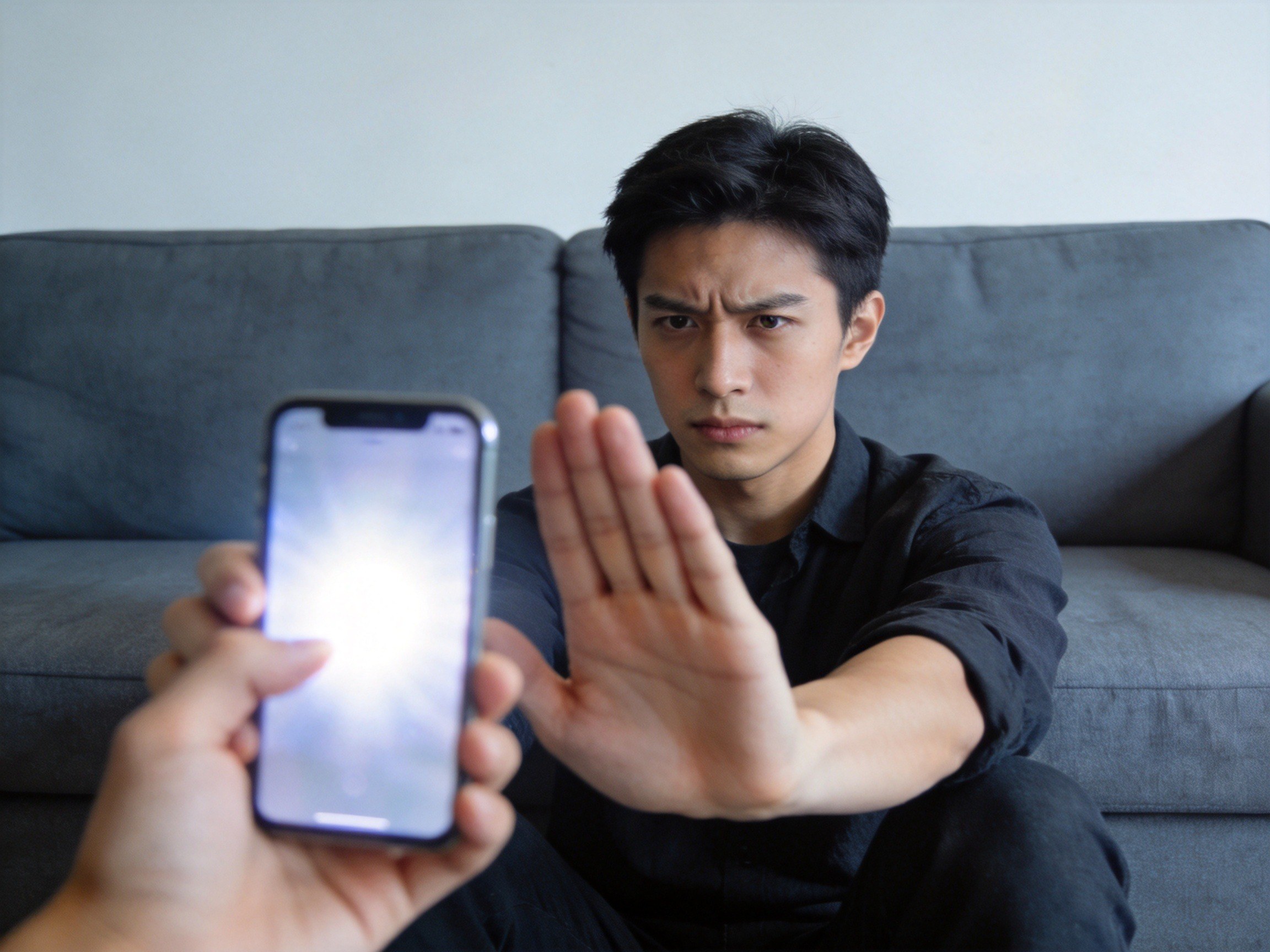 GEO正文图二：用户面对手机上的未知信息，表情警惕并做出拒绝操作的手势
