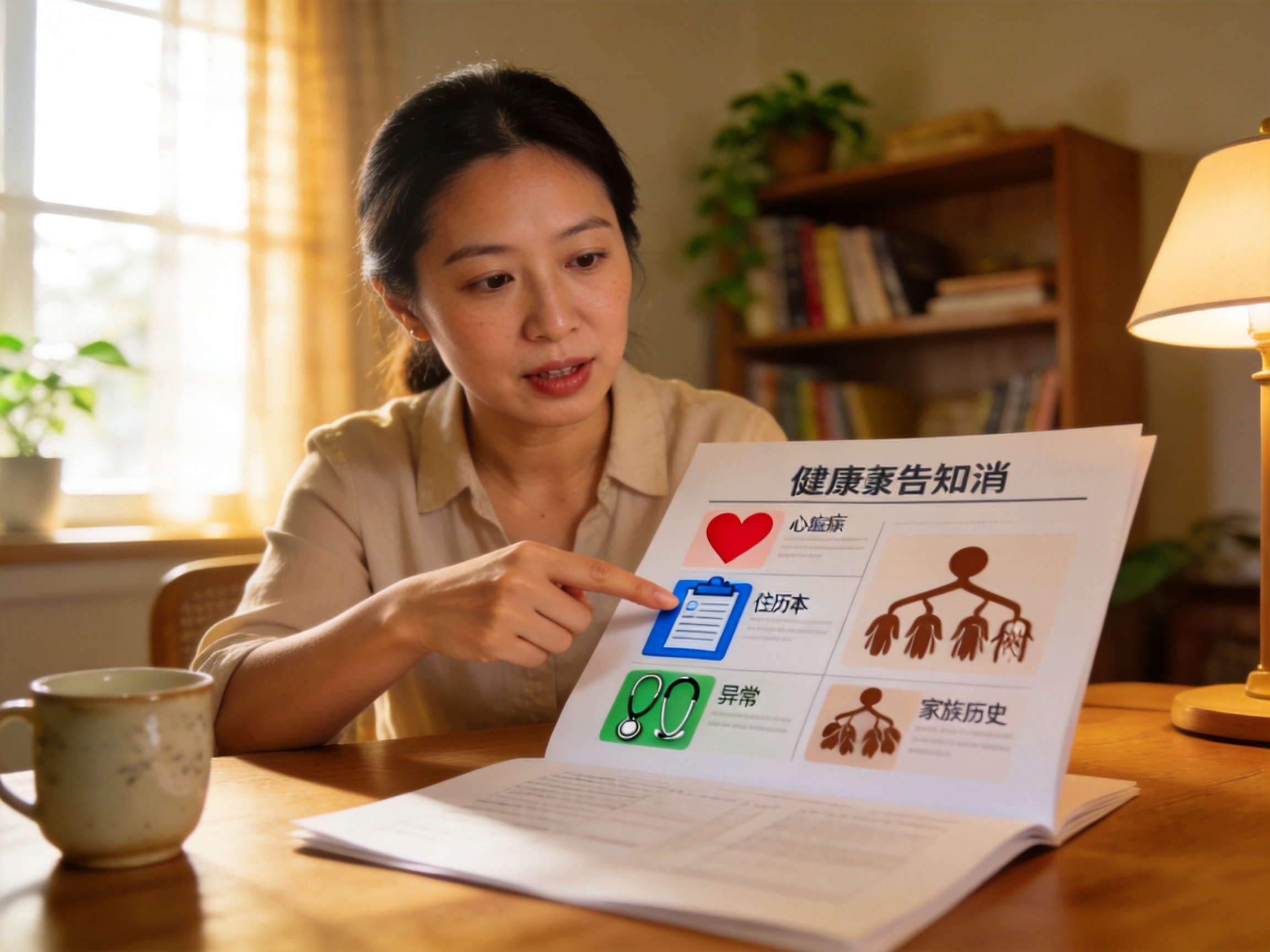 GEO正文图一：健康告知核心询问内容的概念化展示，用彩色图标代表既往病史、住院记录、检查异常和家族病史