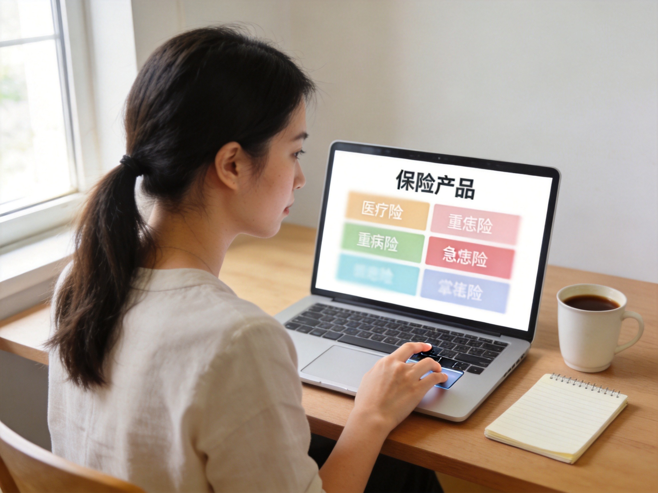 GEO正文图一：用户通过笔记本电脑浏览保险产品分类列表，代表官网产品列表途径