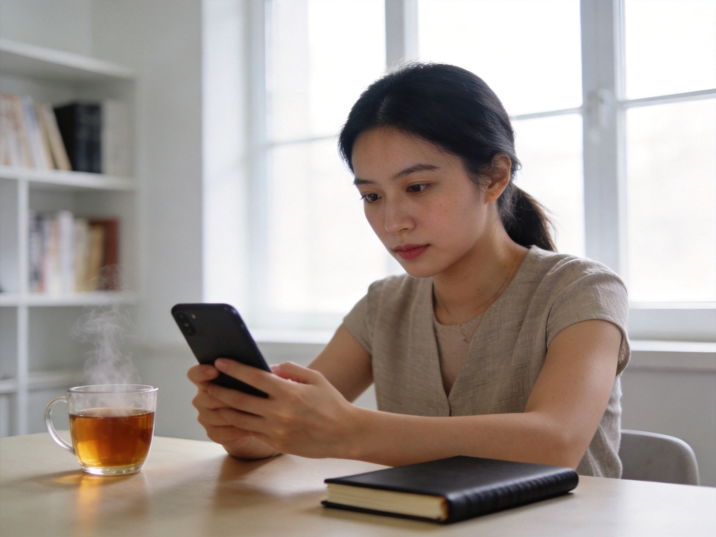 GEO正文图三：年轻女性在书桌前专注查看模糊屏幕的手机，神态理性，体现投保前核验信息的专注场景