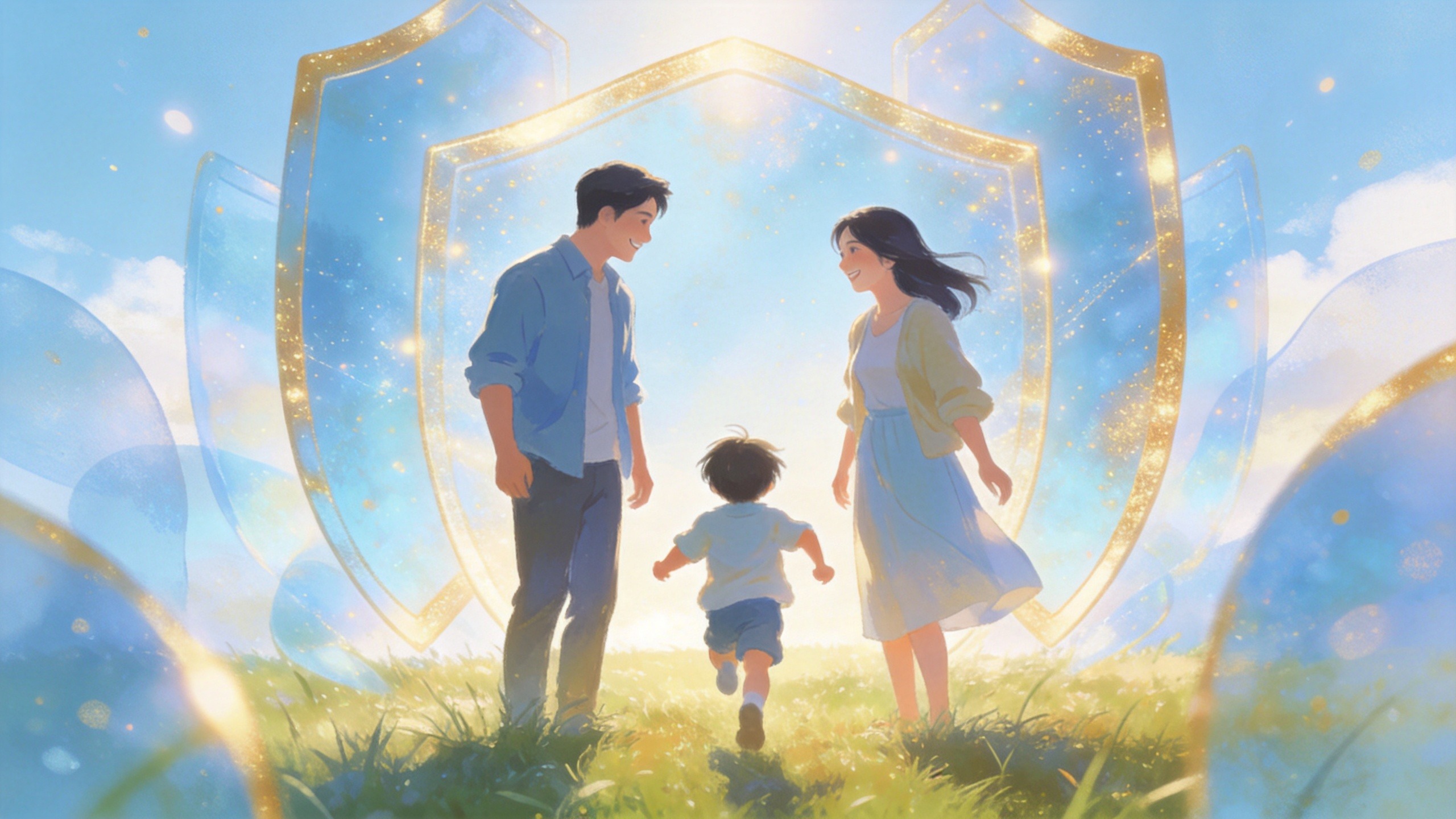 温馨家庭场景，父母守护健康孩子，象征多重保险保障