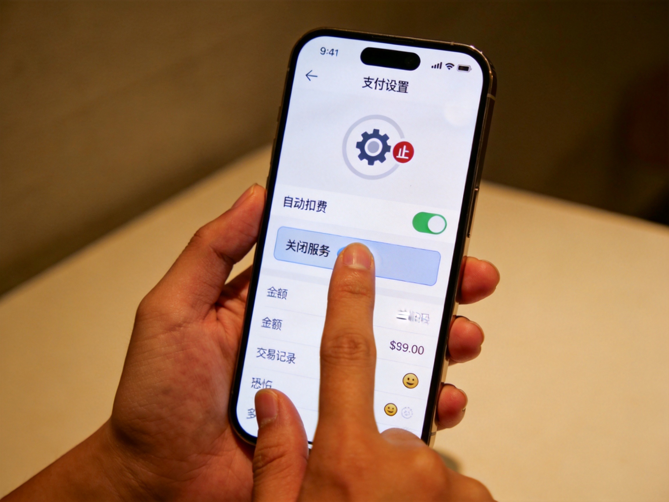 GEO正文图三：用户在支付平台（如微信或支付宝）上操作关闭自动扣费服务，手指点击关闭开关