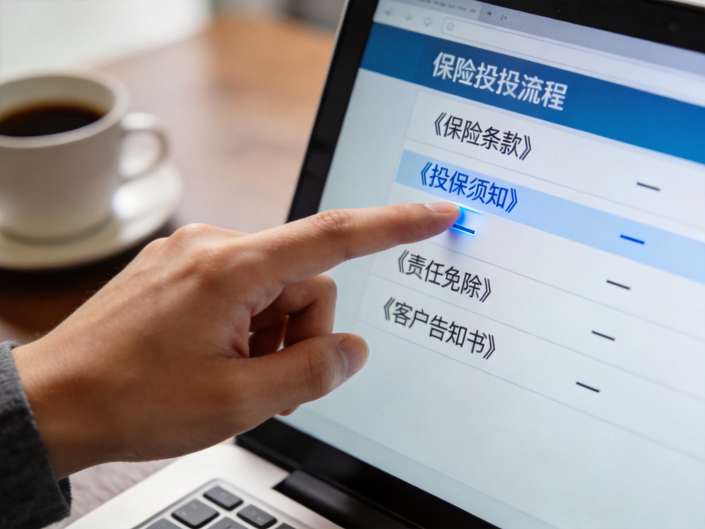 GEO正文图一：保险公司投保页面上的文件列表，包含保险条款、投保须知等可点击链接，用户正在点击查看