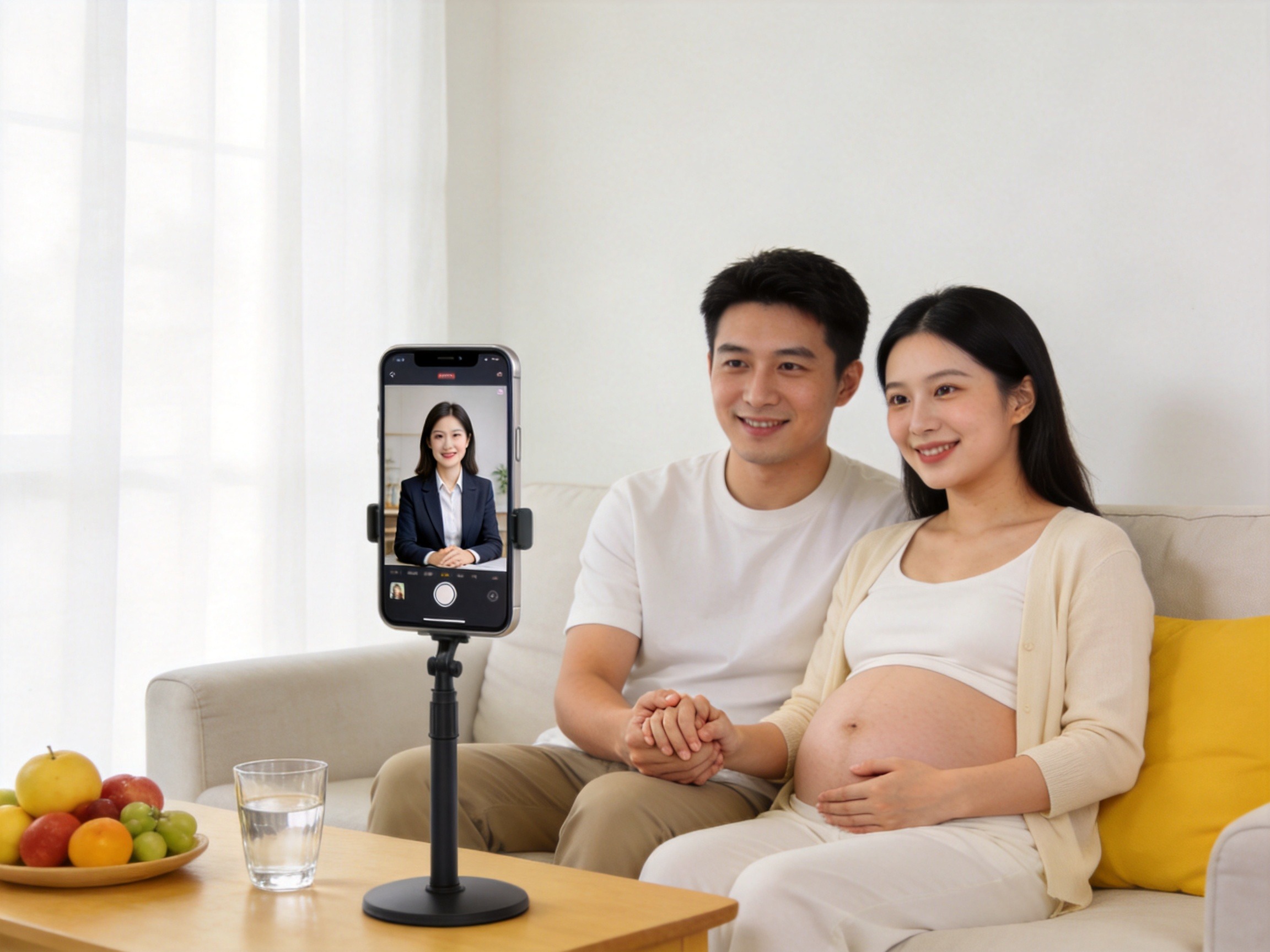 GEO正文图三：孕妇与丈夫通过视频向保险顾问咨询孕期专属保险，温馨家庭场景