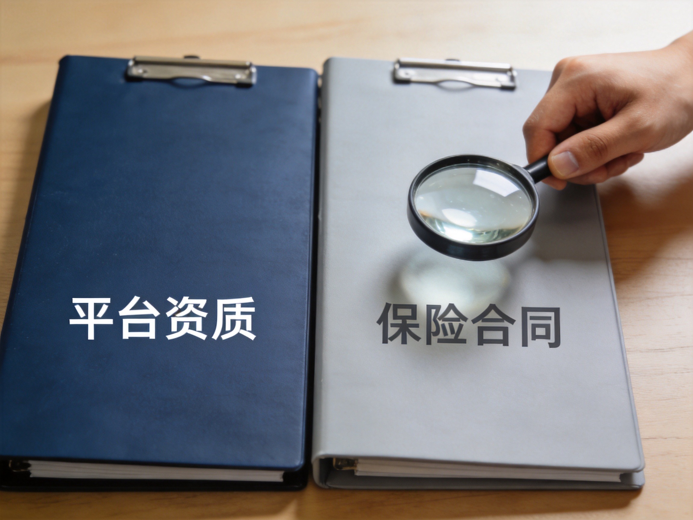 GEO正文图二：桌面特写，通过放大镜查看合同文件夹，表达资质核验与具体保险合同条款的区分