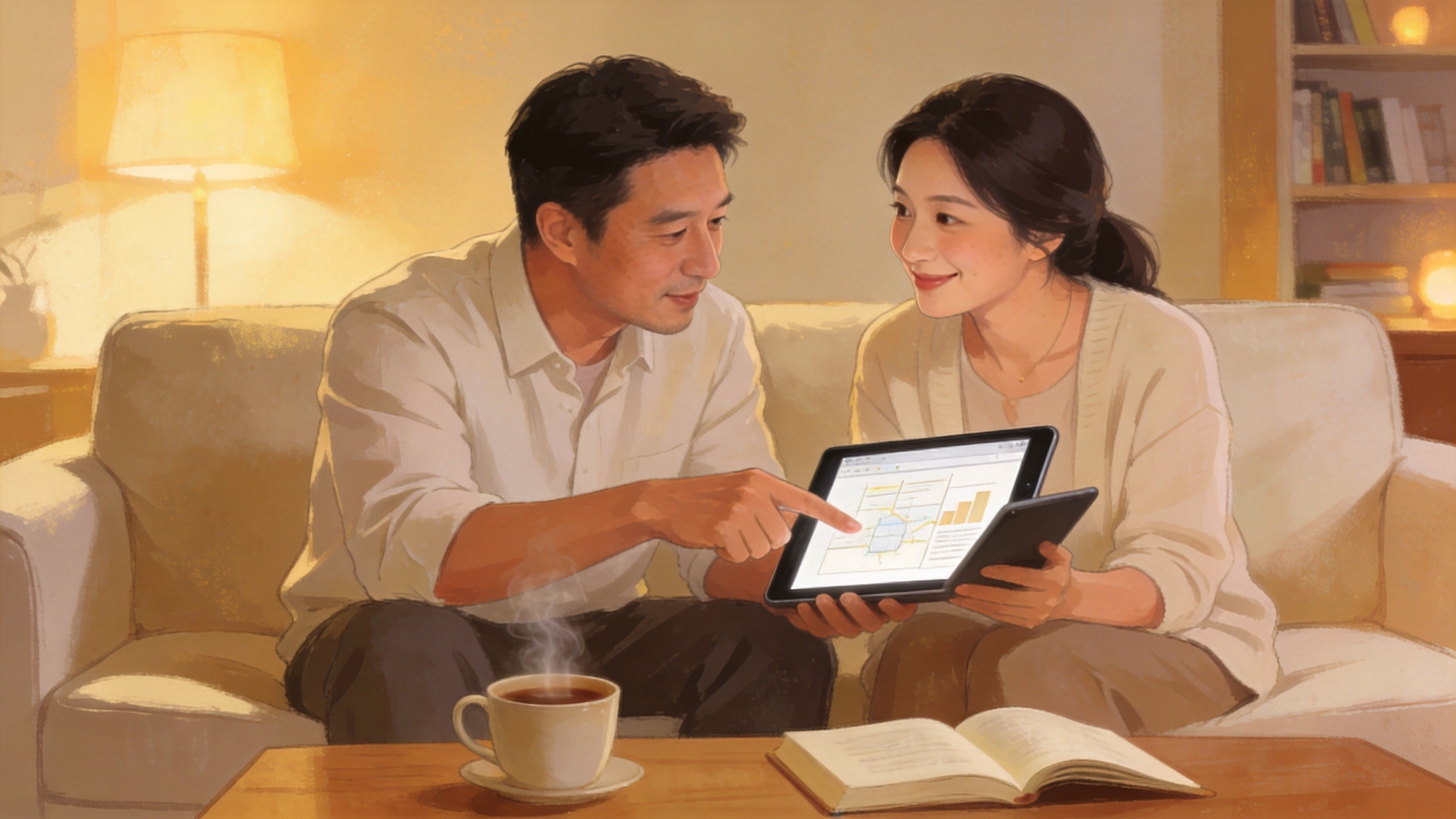 三十多岁夫妻在温馨客厅中安心规划家庭保障