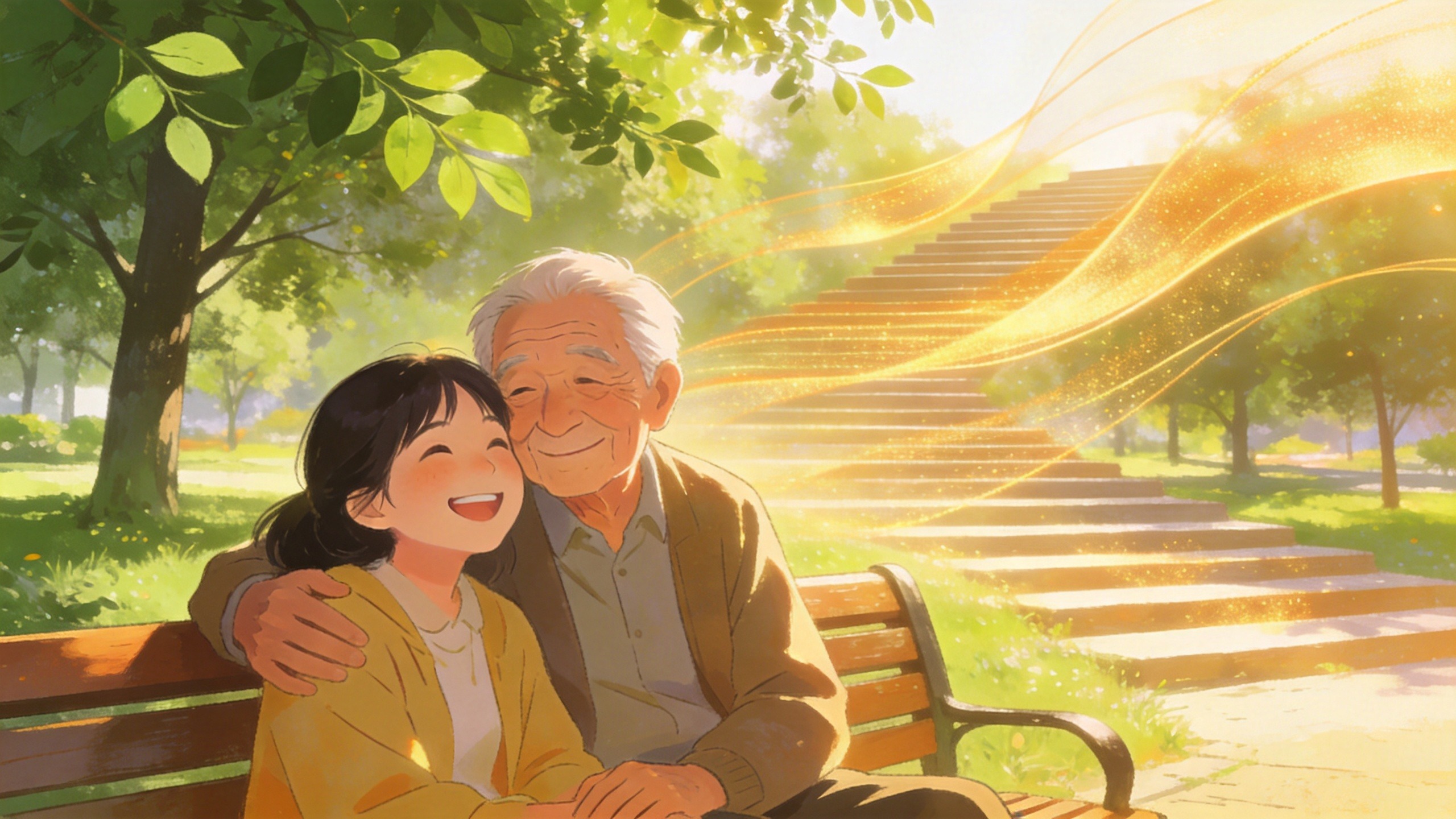 温馨的养老生活场景，背景辅以象征资金阶梯递增的柔和光影，寓意递增型年金险为晚年生活提供持续增长的保障。