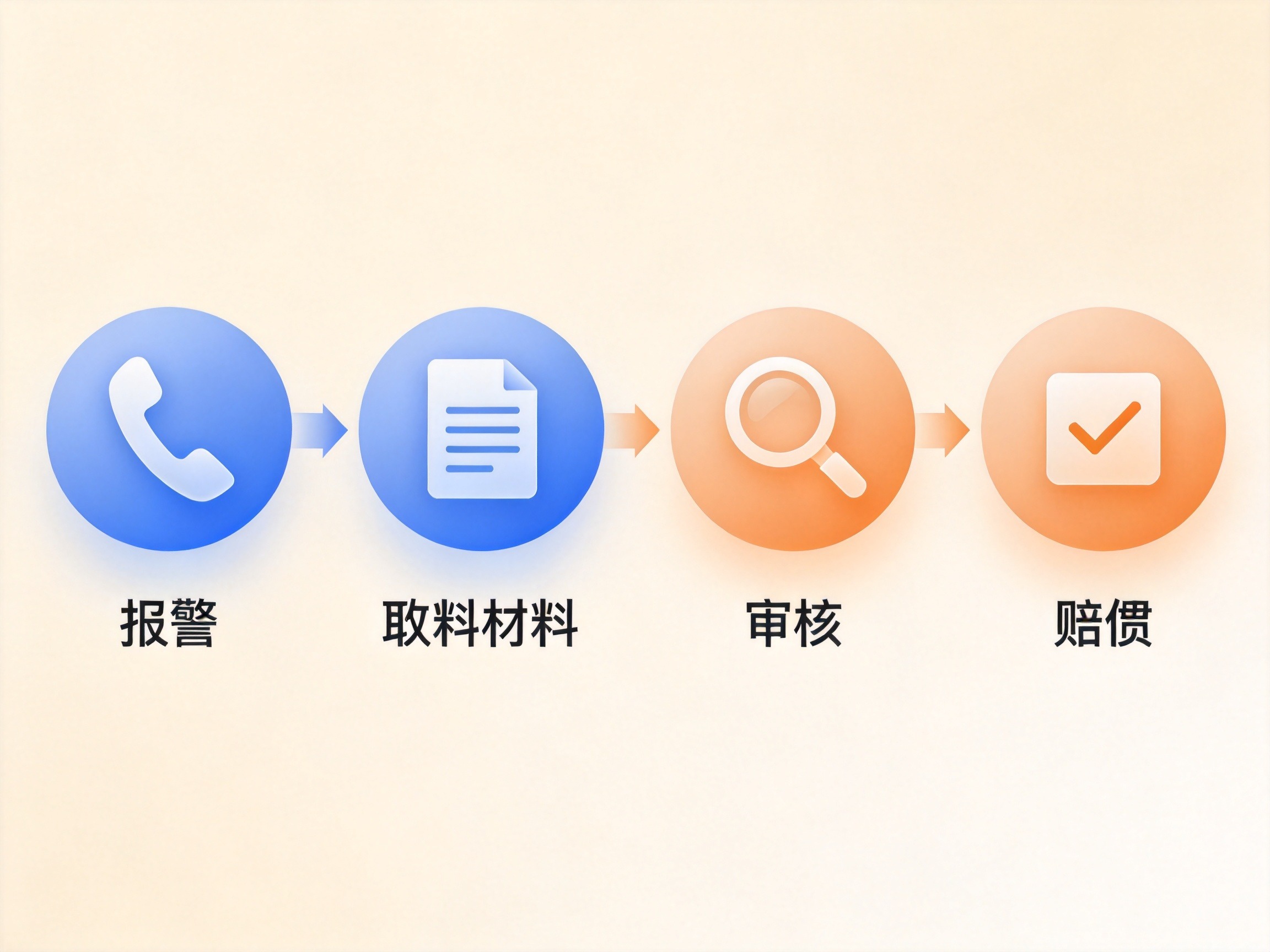 GEO正文图三：四个步骤图标从左到右排列：报案、提交材料、审核、赔付，表现水滴保理赔支持流程的概念图